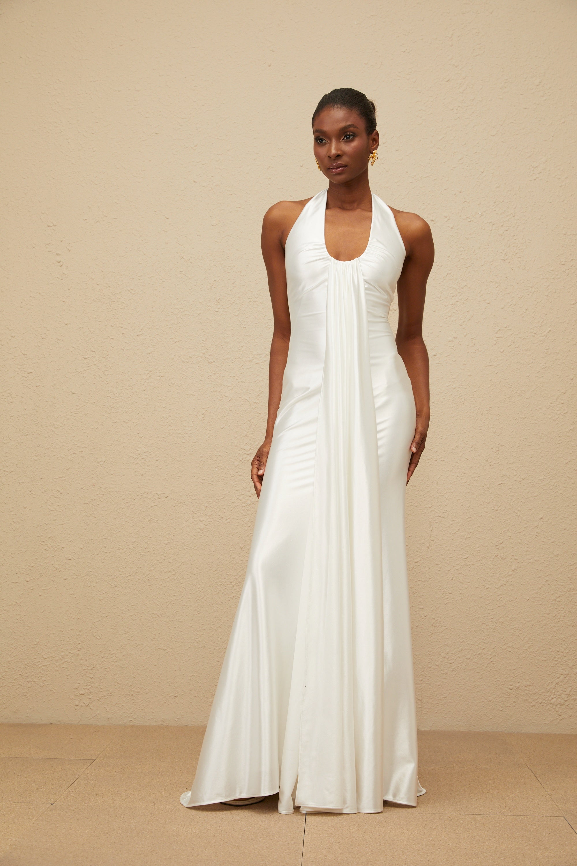 Céleste White Ruched Satin Maxi Dress