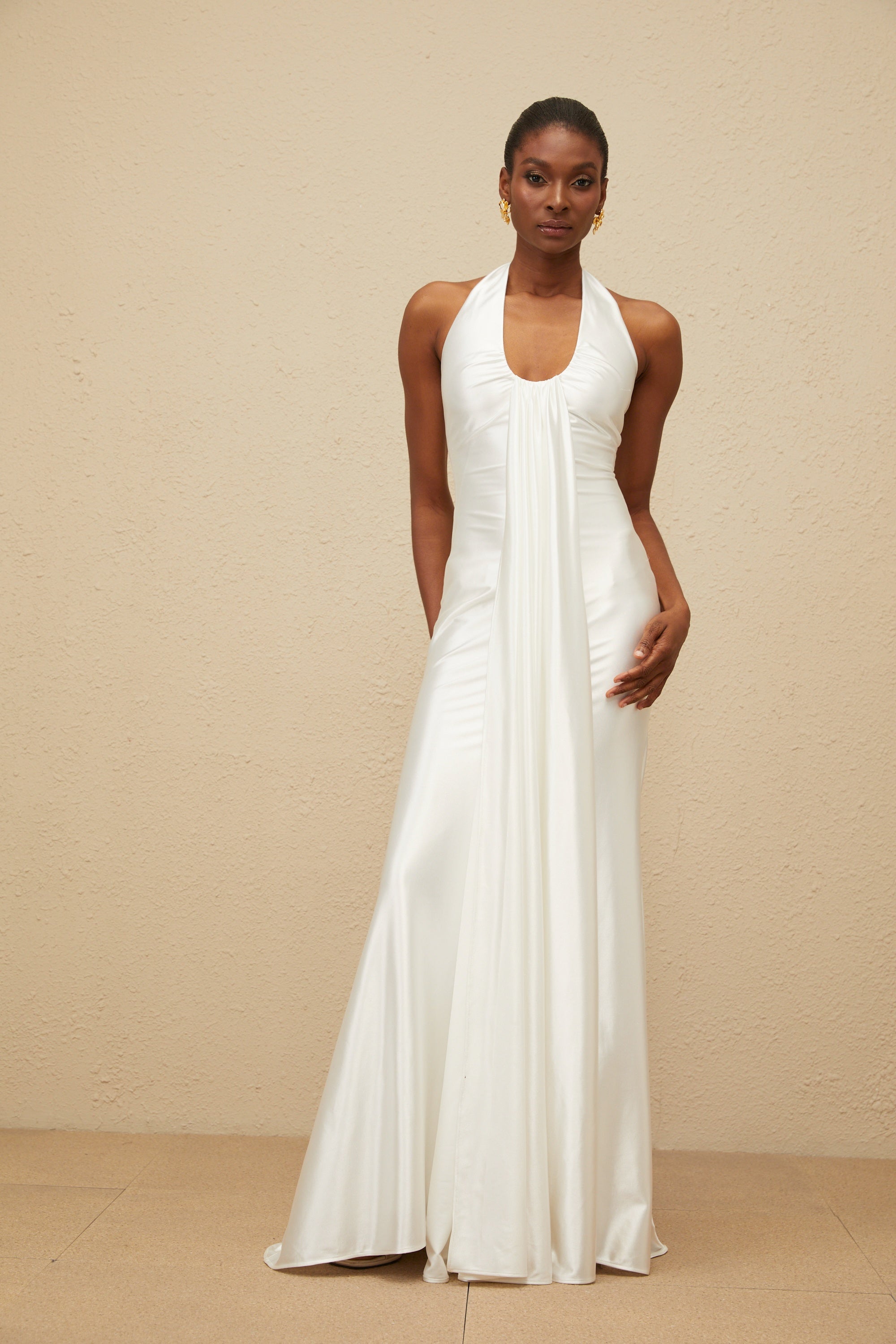 Céleste White Ruched Satin Maxi Dress