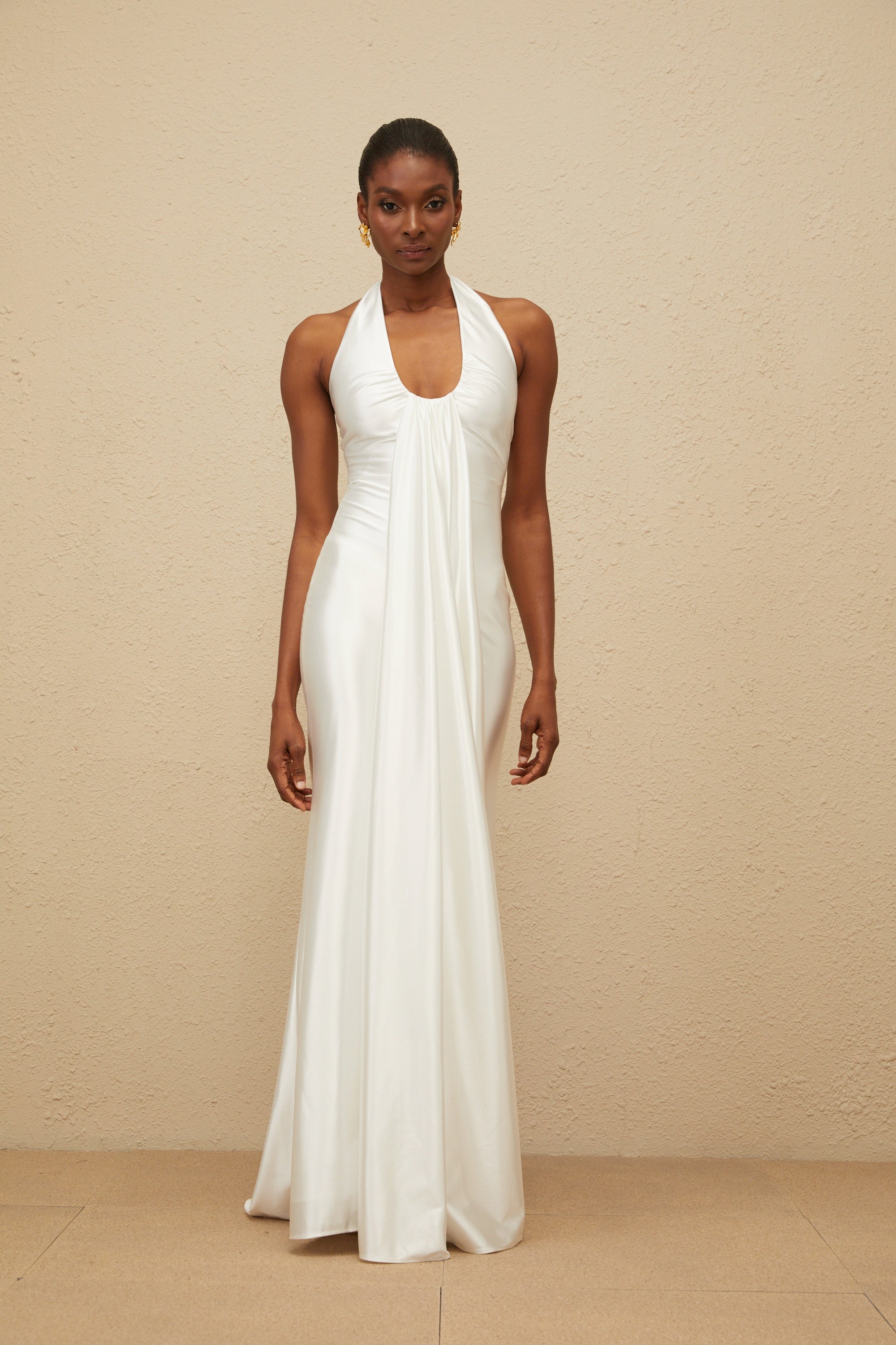 Céleste White Ruched Satin Maxi Dress