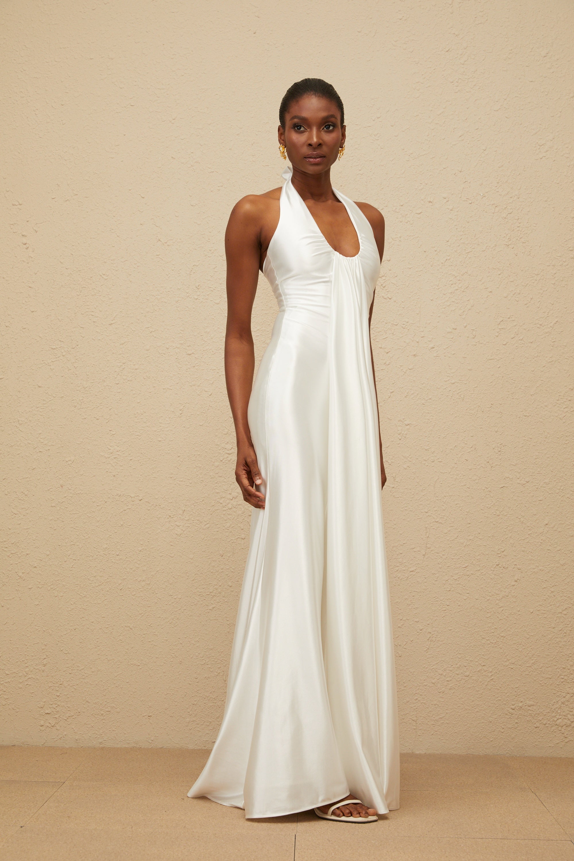 Céleste White Ruched Satin Maxi Dress