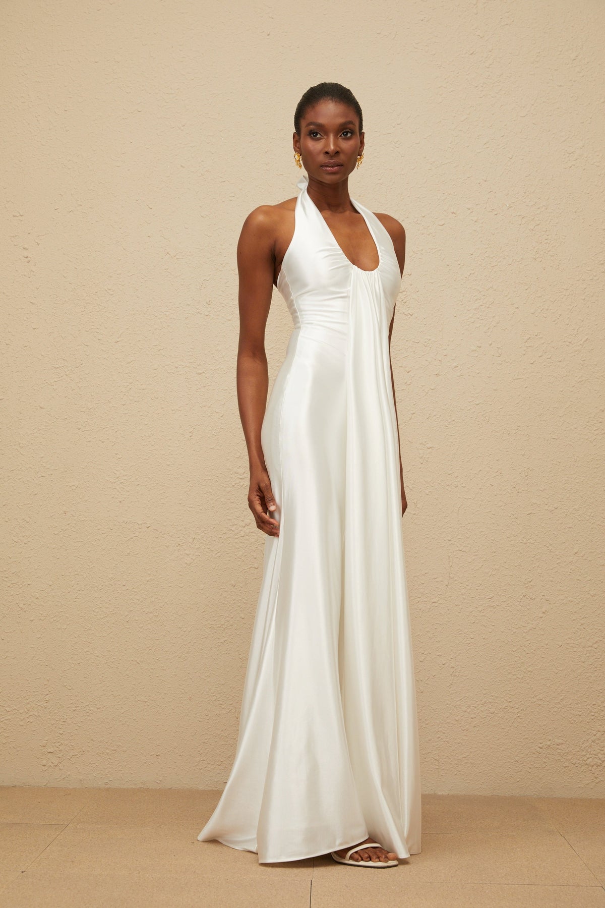 Céleste White Ruched Satin Maxi Dress (Final Sale-US Only)