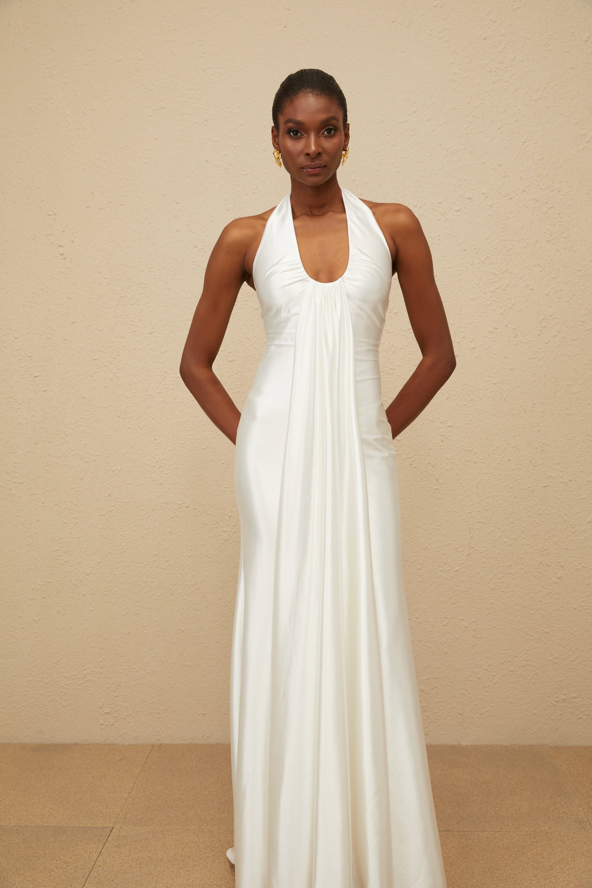 Céleste White Ruched Satin Maxi Dress