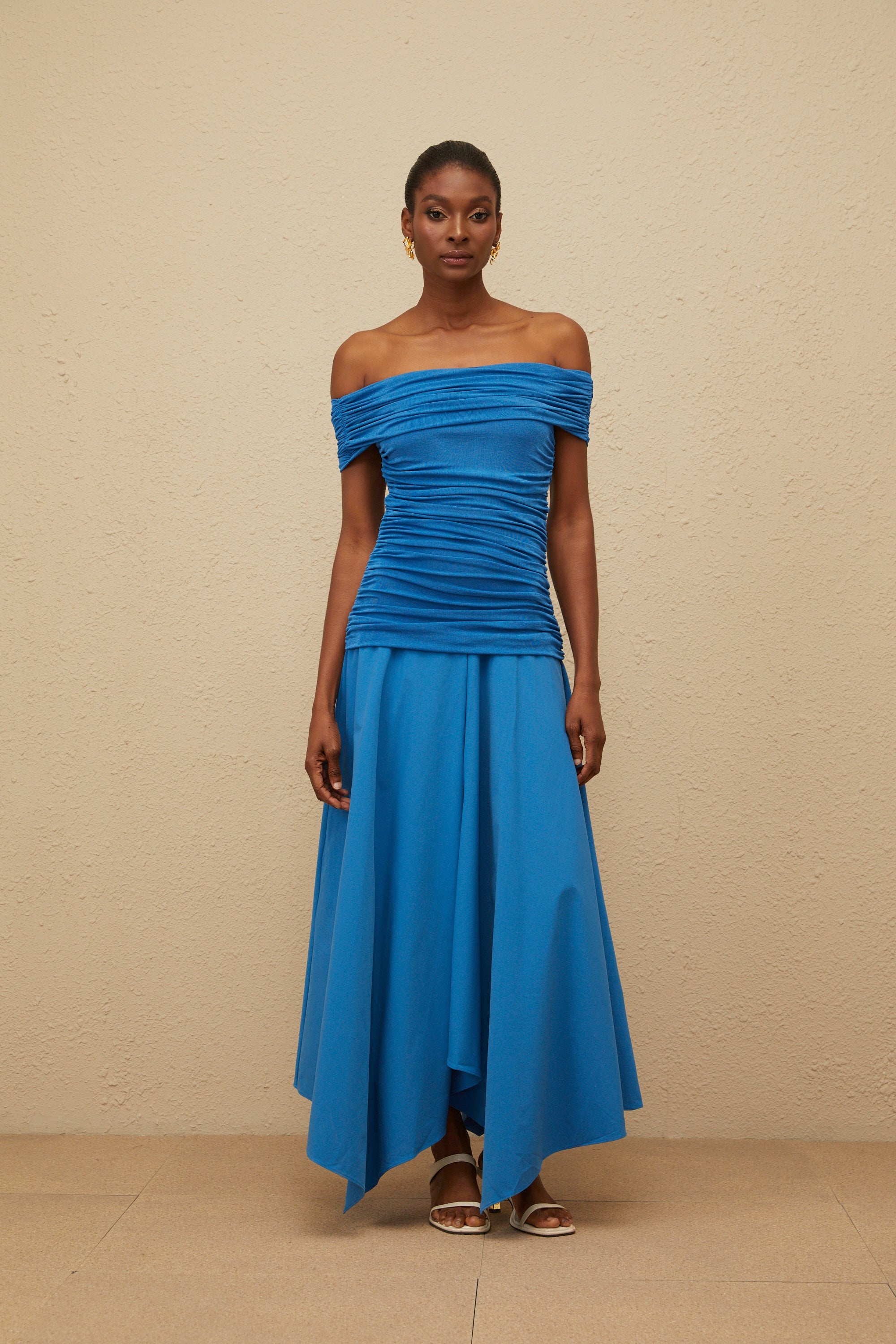 Amélie Blue Off-Shoulder Ruched Maxi Dress