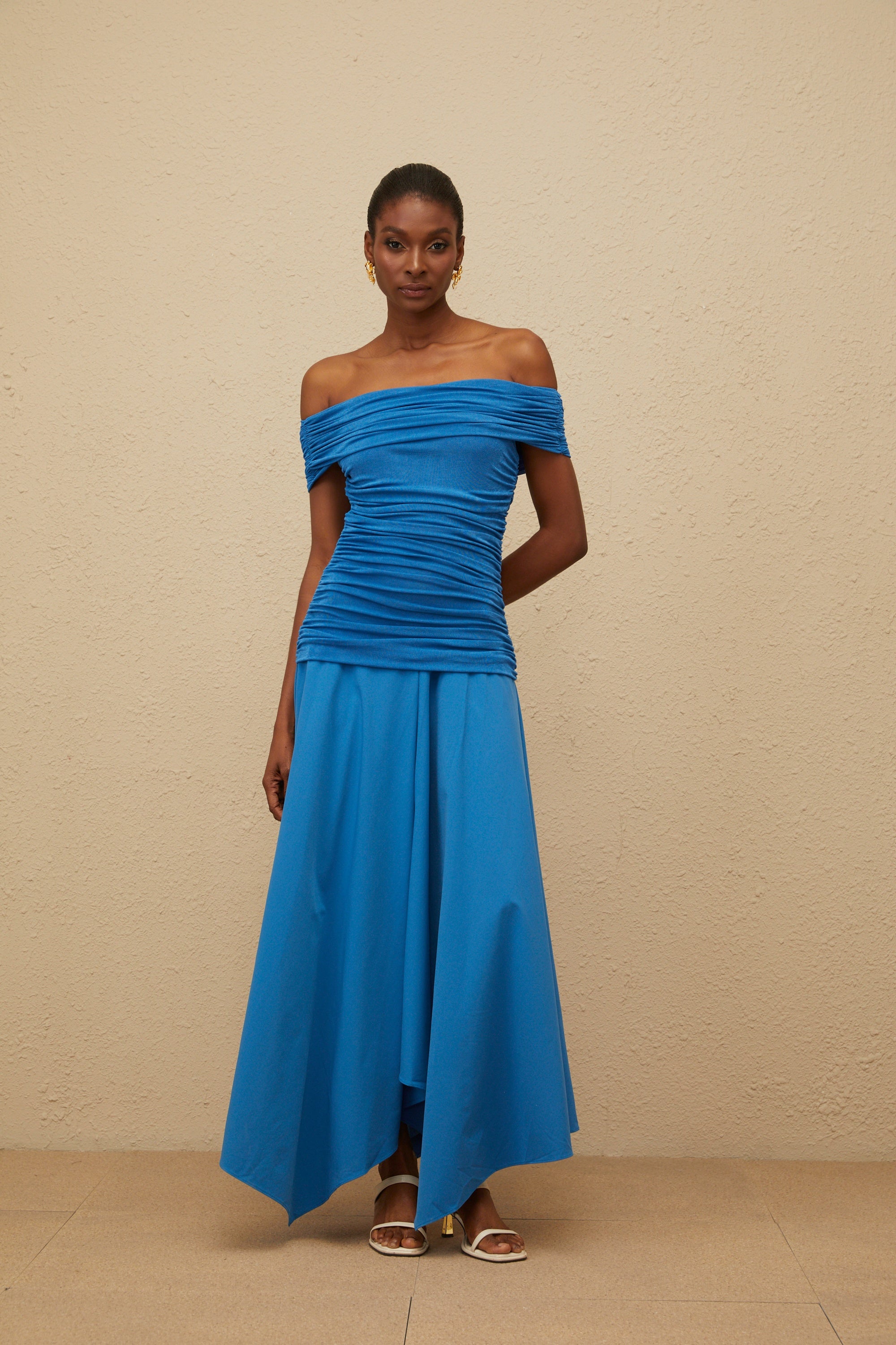 Amélie Blue Off-Shoulder Ruched Maxi Dress