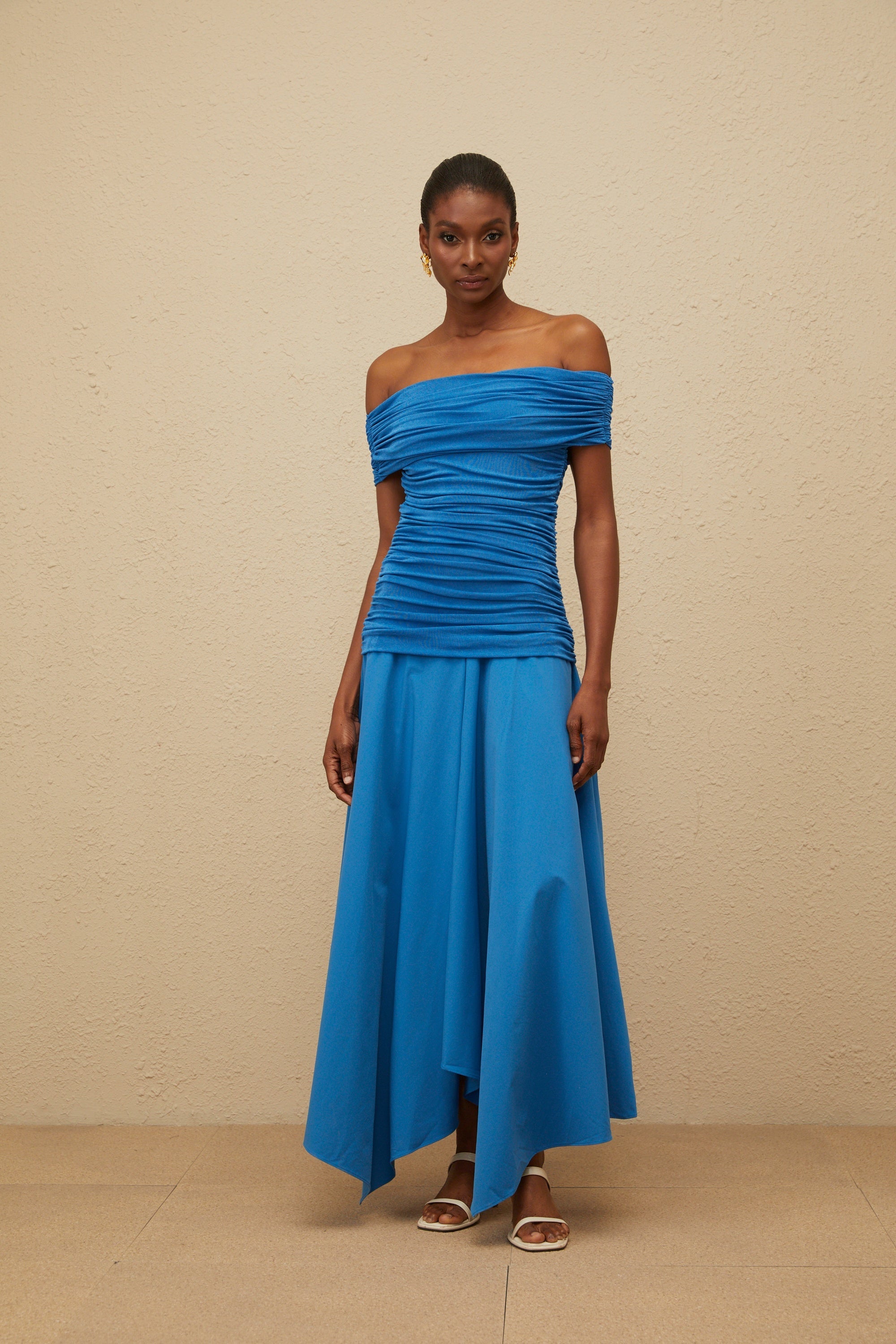 Amélie Blue Off-Shoulder Ruched Maxi Dress