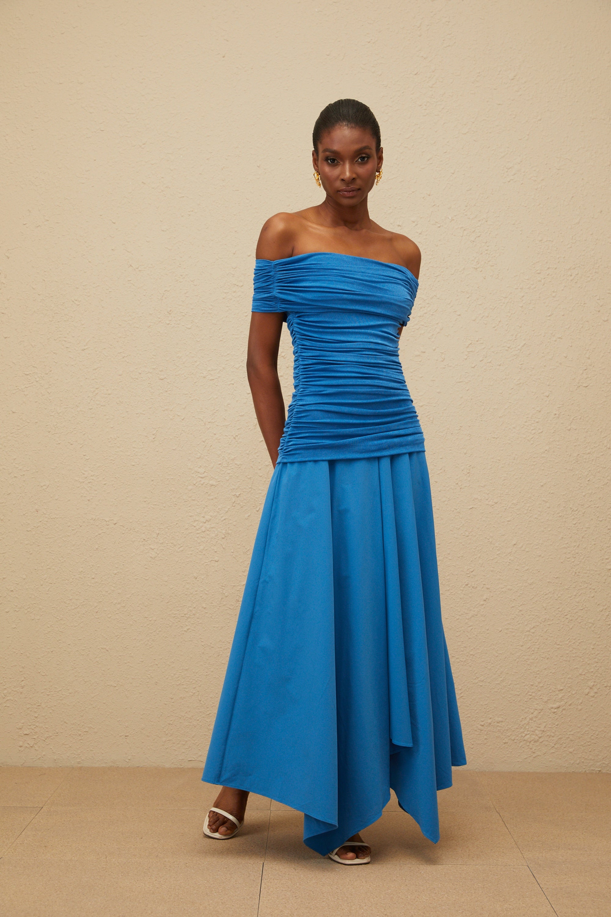 Amélie Blue Off-Shoulder Ruched Maxi Dress