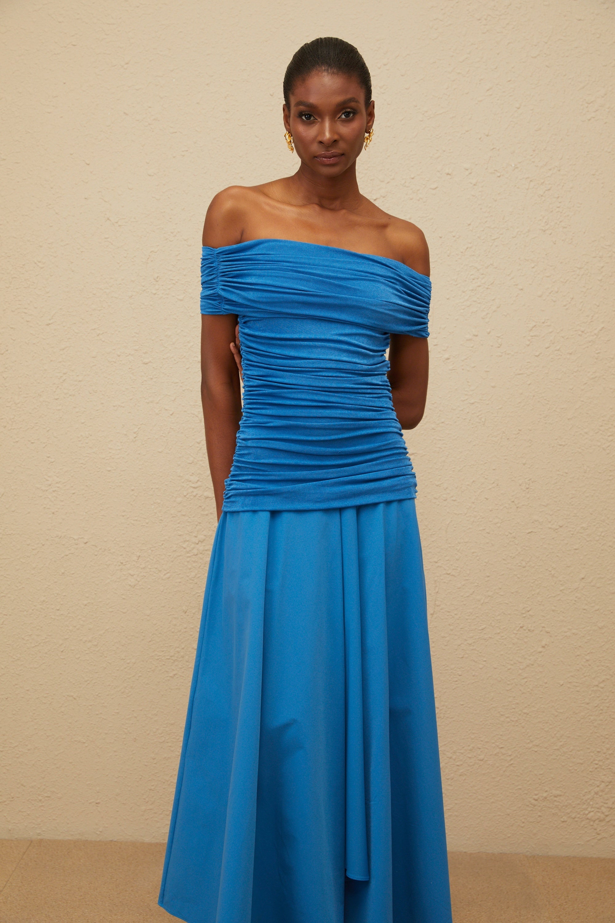 Amélie Blue Off-Shoulder Ruched Maxi Dress