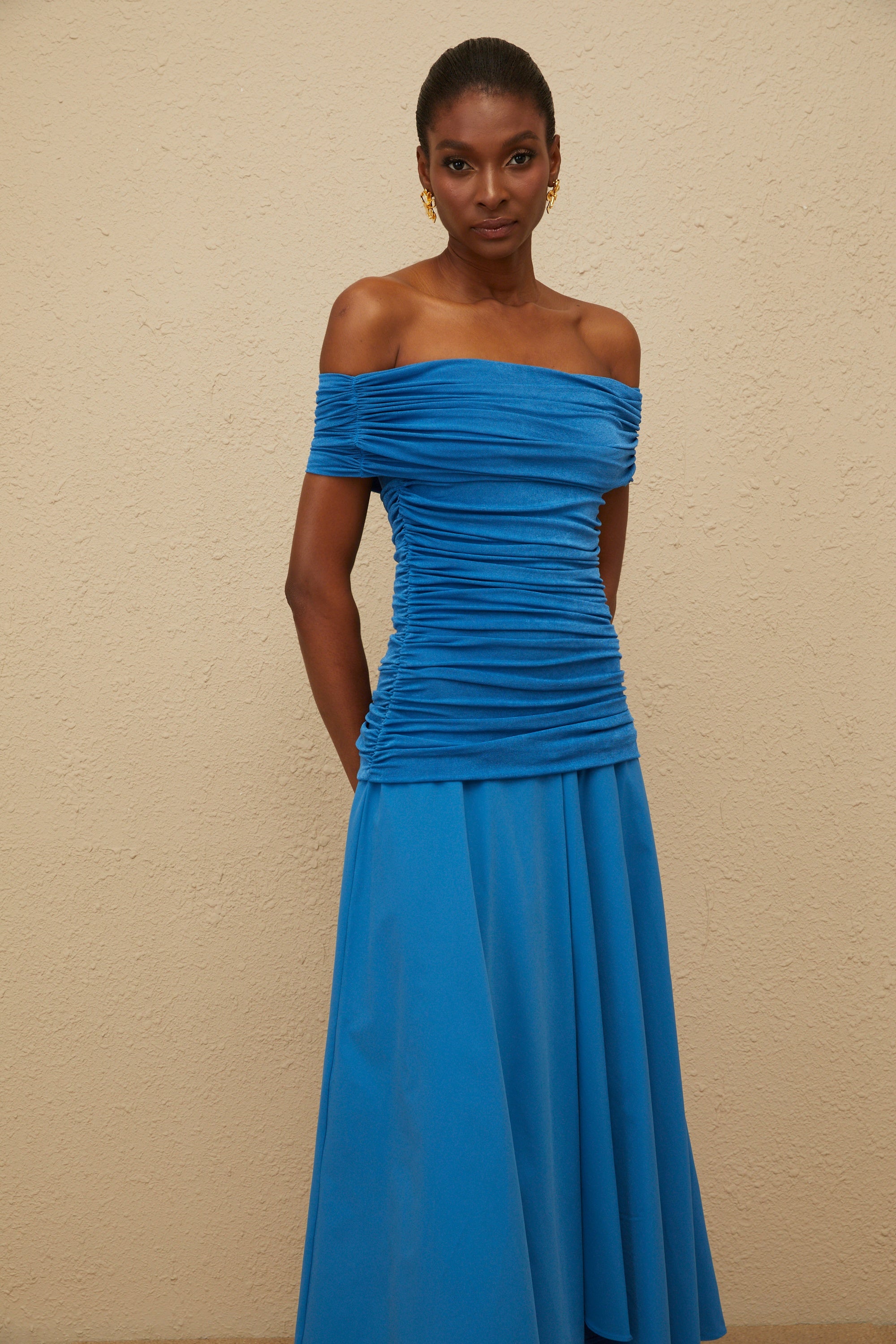 Amélie Blue Off-Shoulder Ruched Maxi Dress
