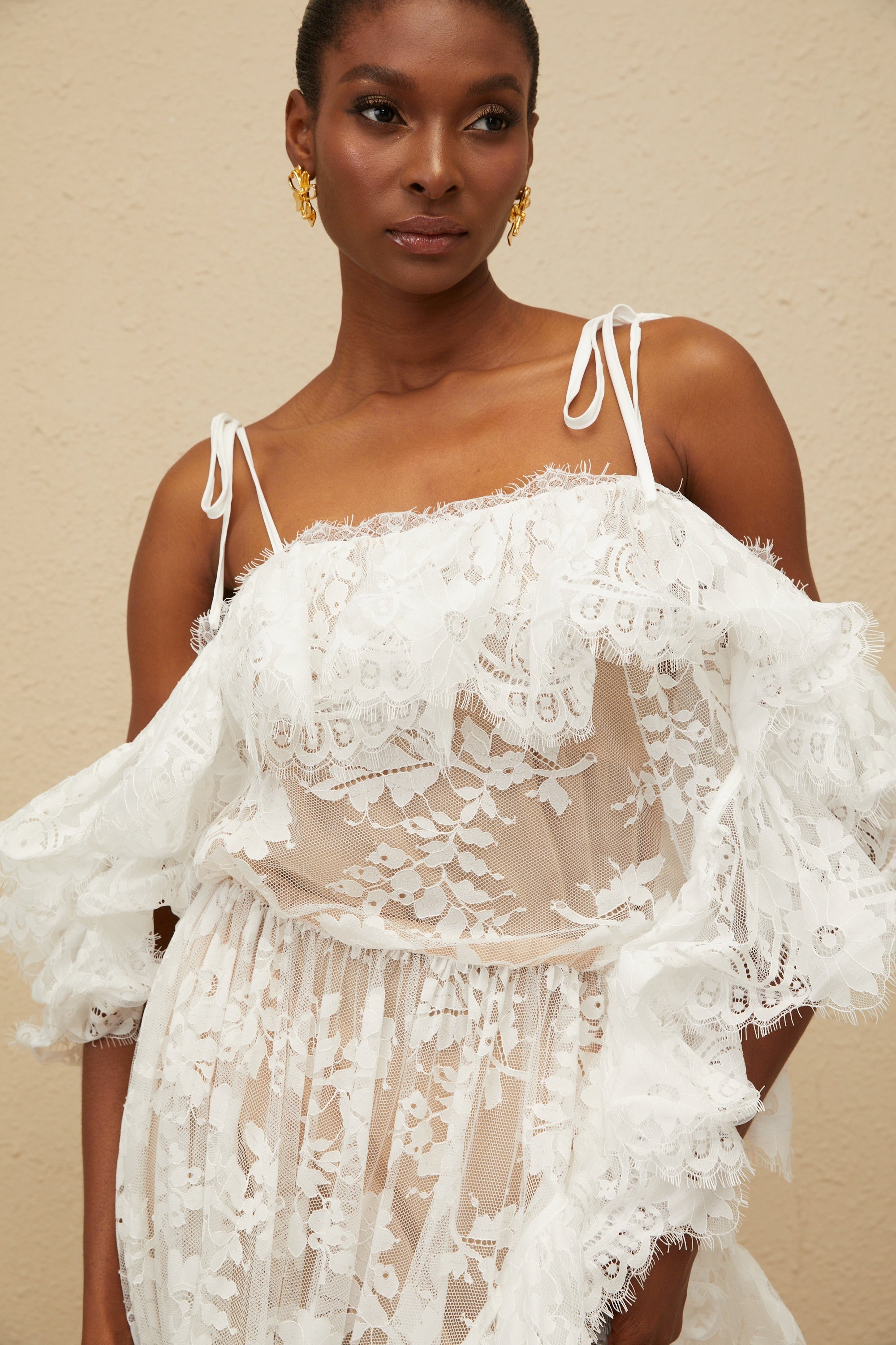 Nonchalante White Ruffled Floral Lace Mini Dress