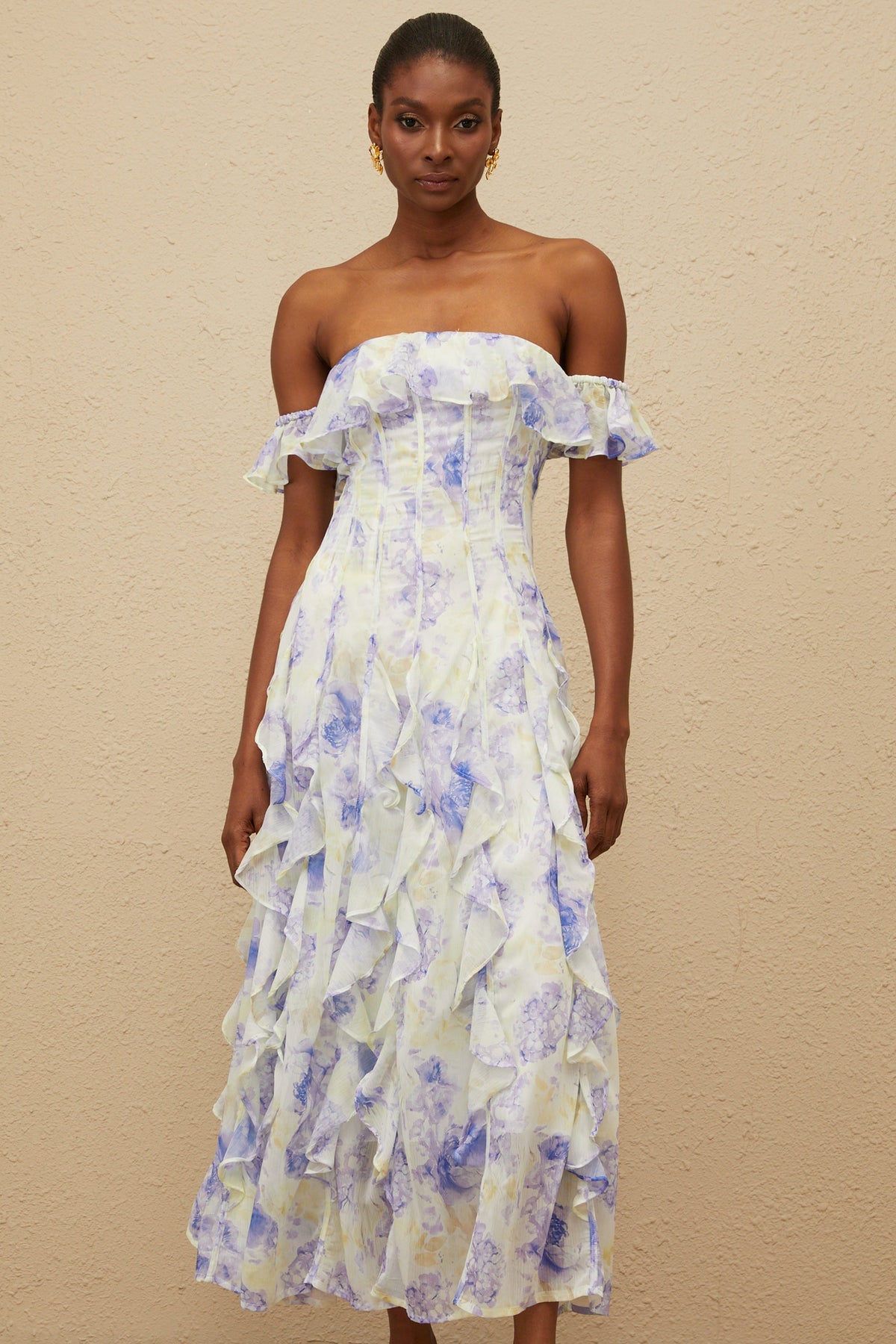 Fleur Blue Ruffled Floral Print Maxi Dress