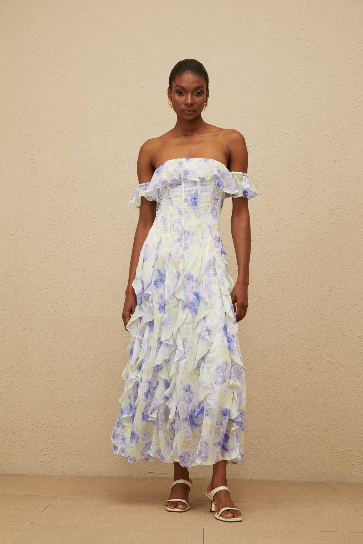 Fleur Blue Ruffled Floral Print Maxi Dress