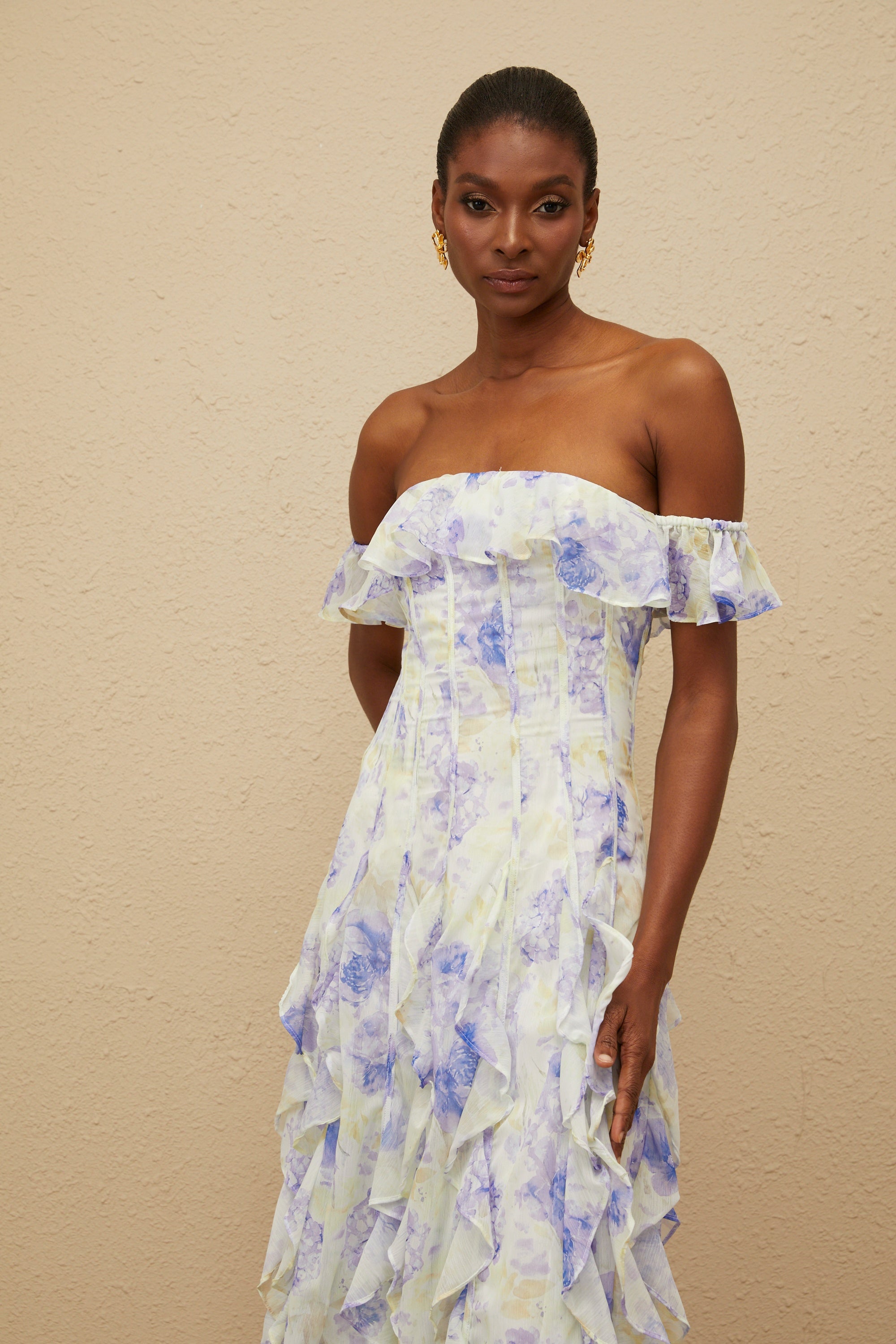 Fleur Blue Ruffled Floral Print Maxi Dress