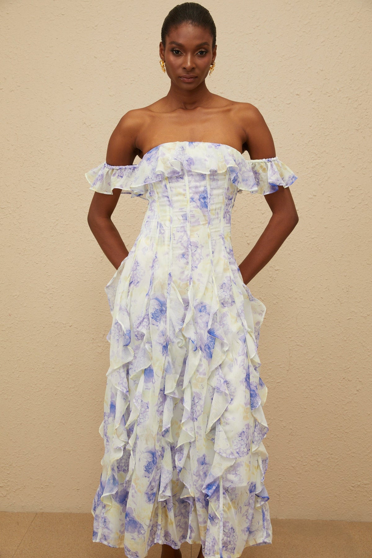 Fleur Blue Ruffled Floral Print Maxi Dress