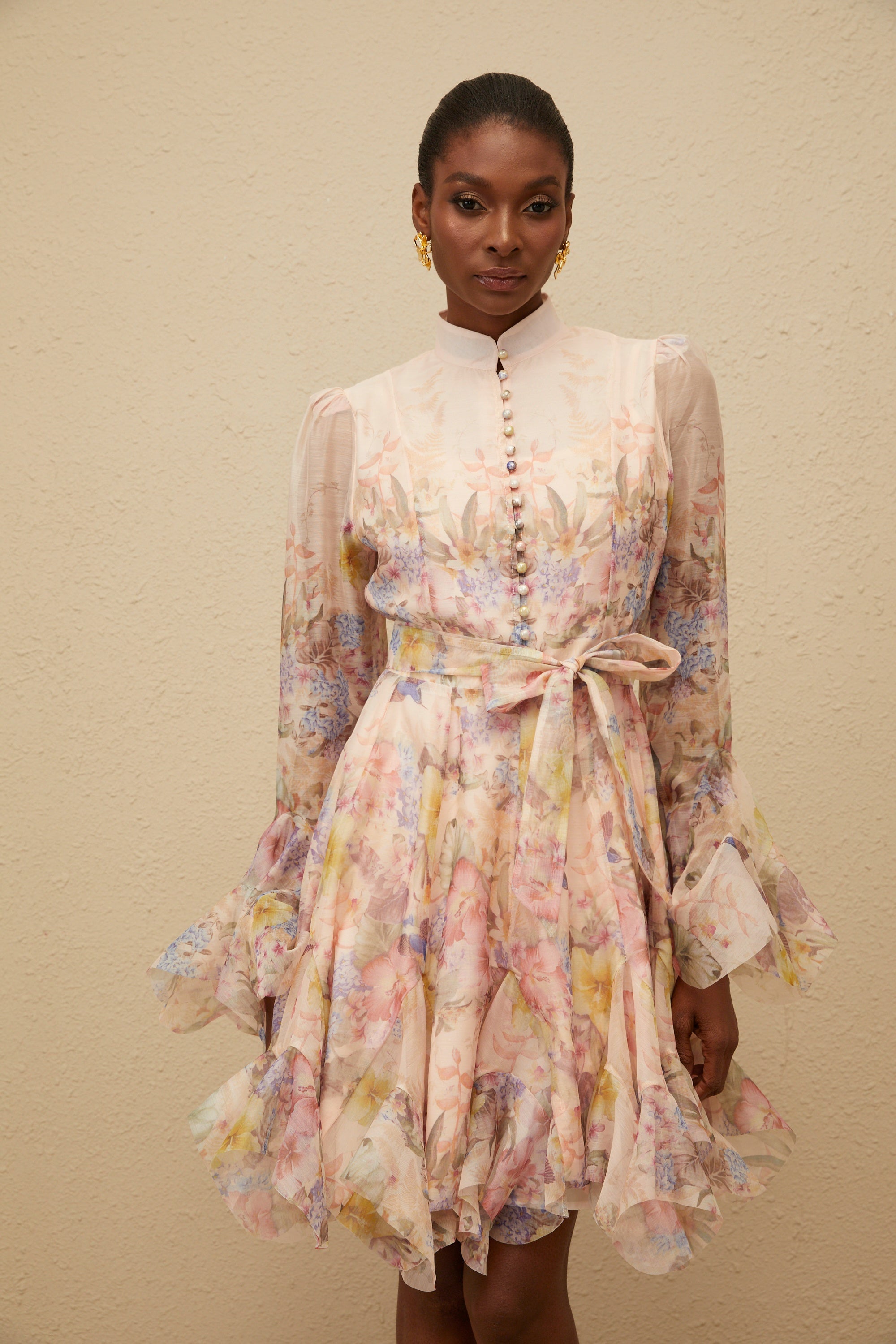 Aya Pink Godet Floral Mini Dress