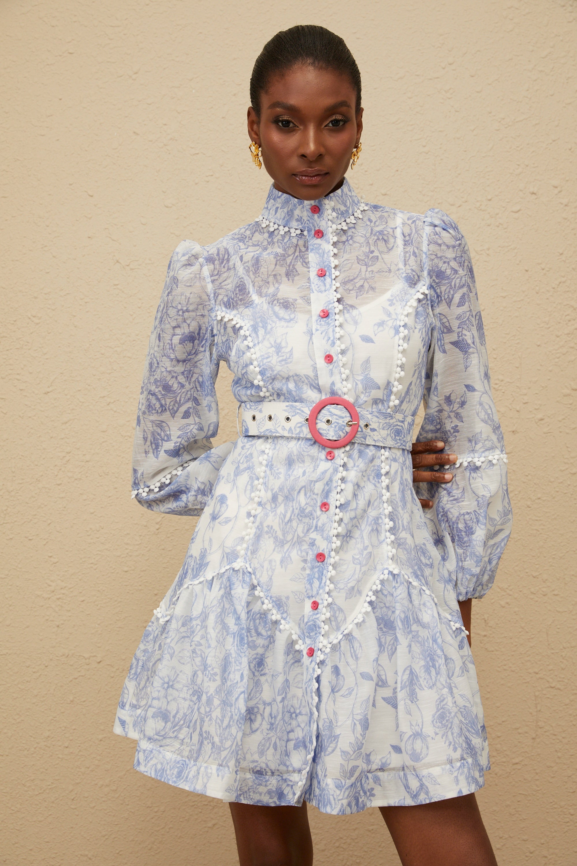Eléonore Blue Flared Floral Print Mini Dress