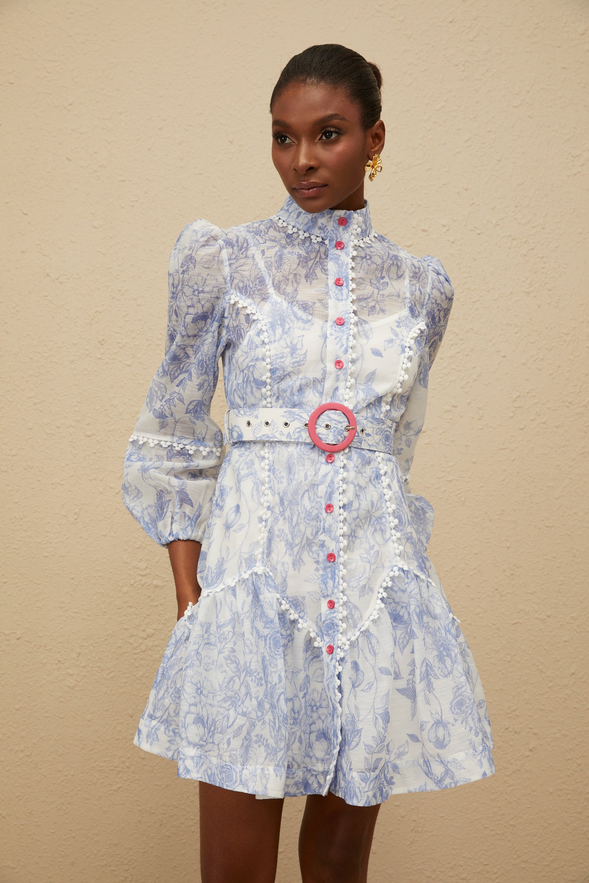 Eléonore Blue Flared Floral Print Mini Dress