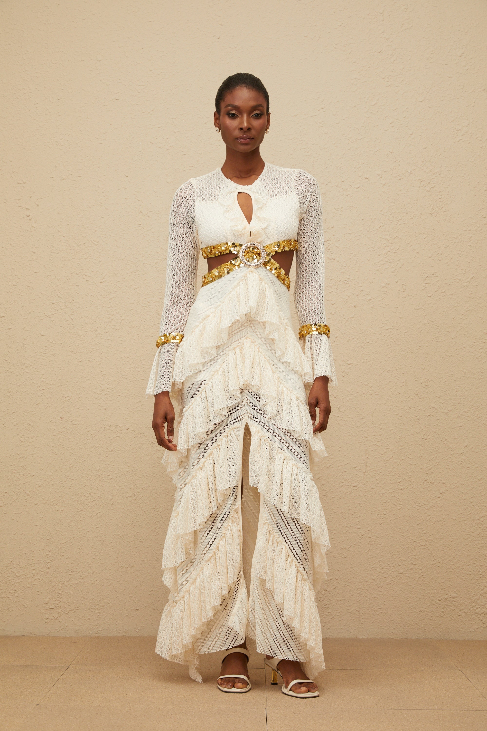 Dorée Neutral Ruffled Sequin Lace Maxi Dress