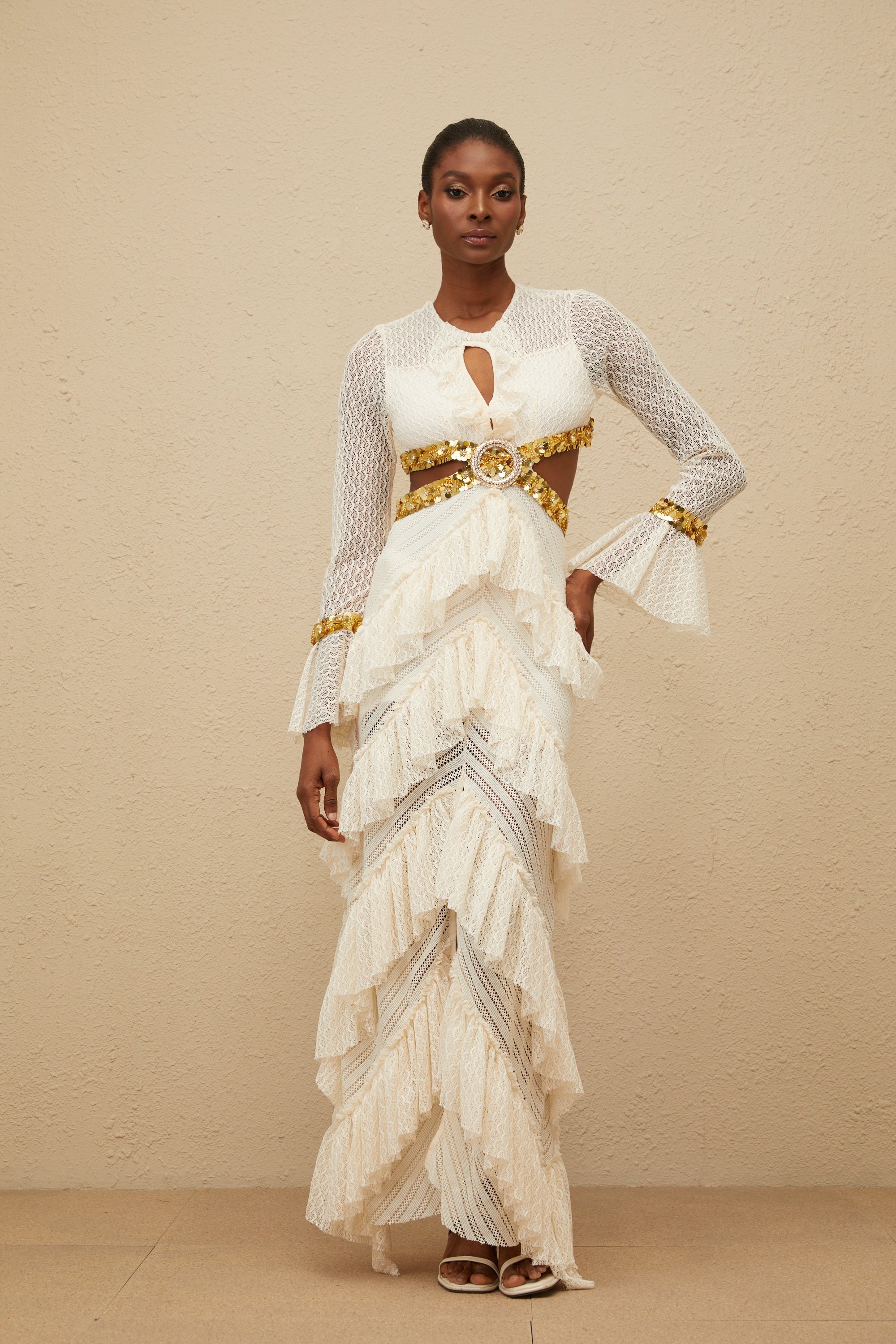 Dorée Neutral Ruffled Sequin Lace Maxi Dress