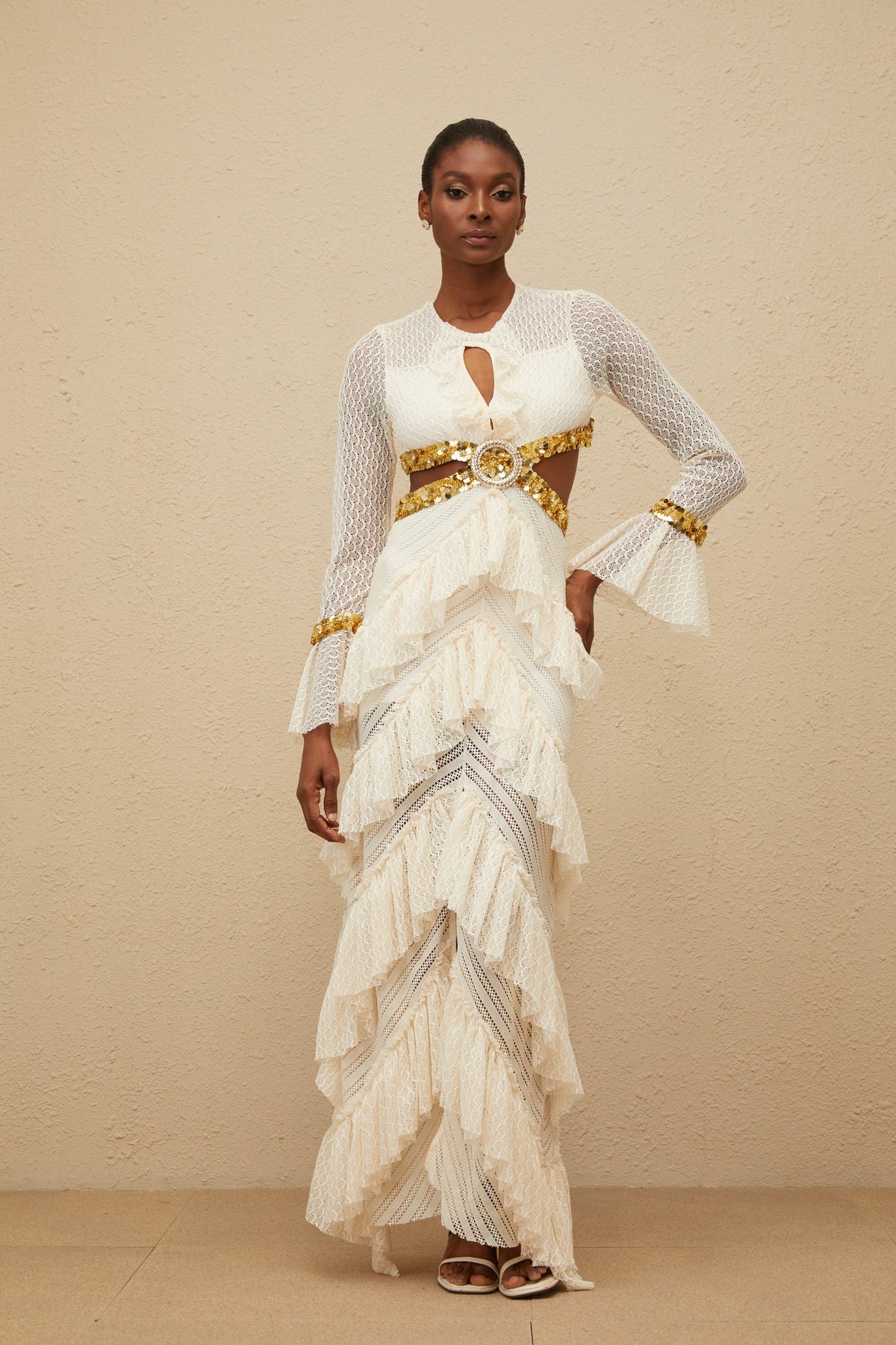 Dorée Neutral Ruffled Sequin Lace Maxi Dress