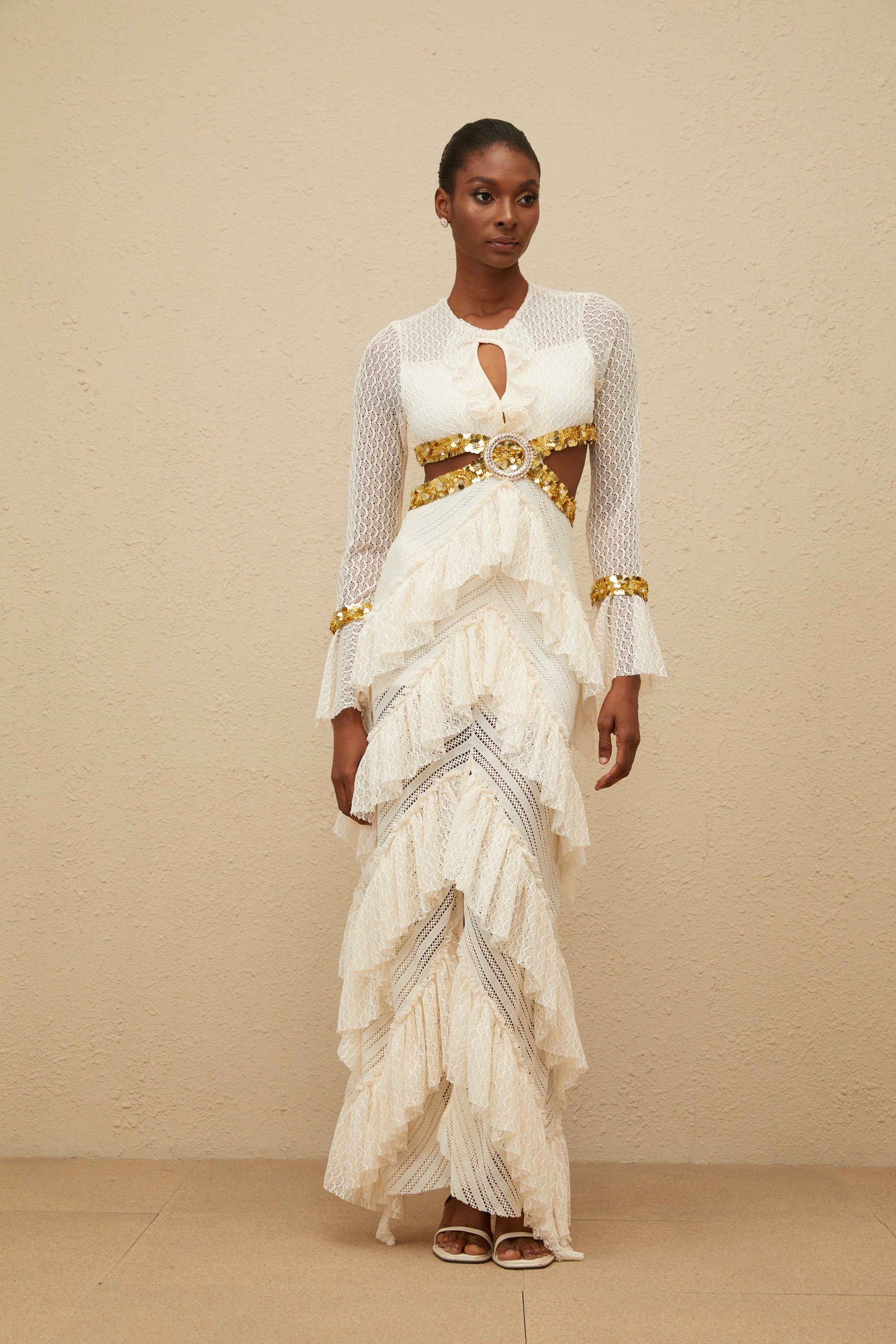 Dorée Neutral Ruffled Sequin Lace Maxi Dress