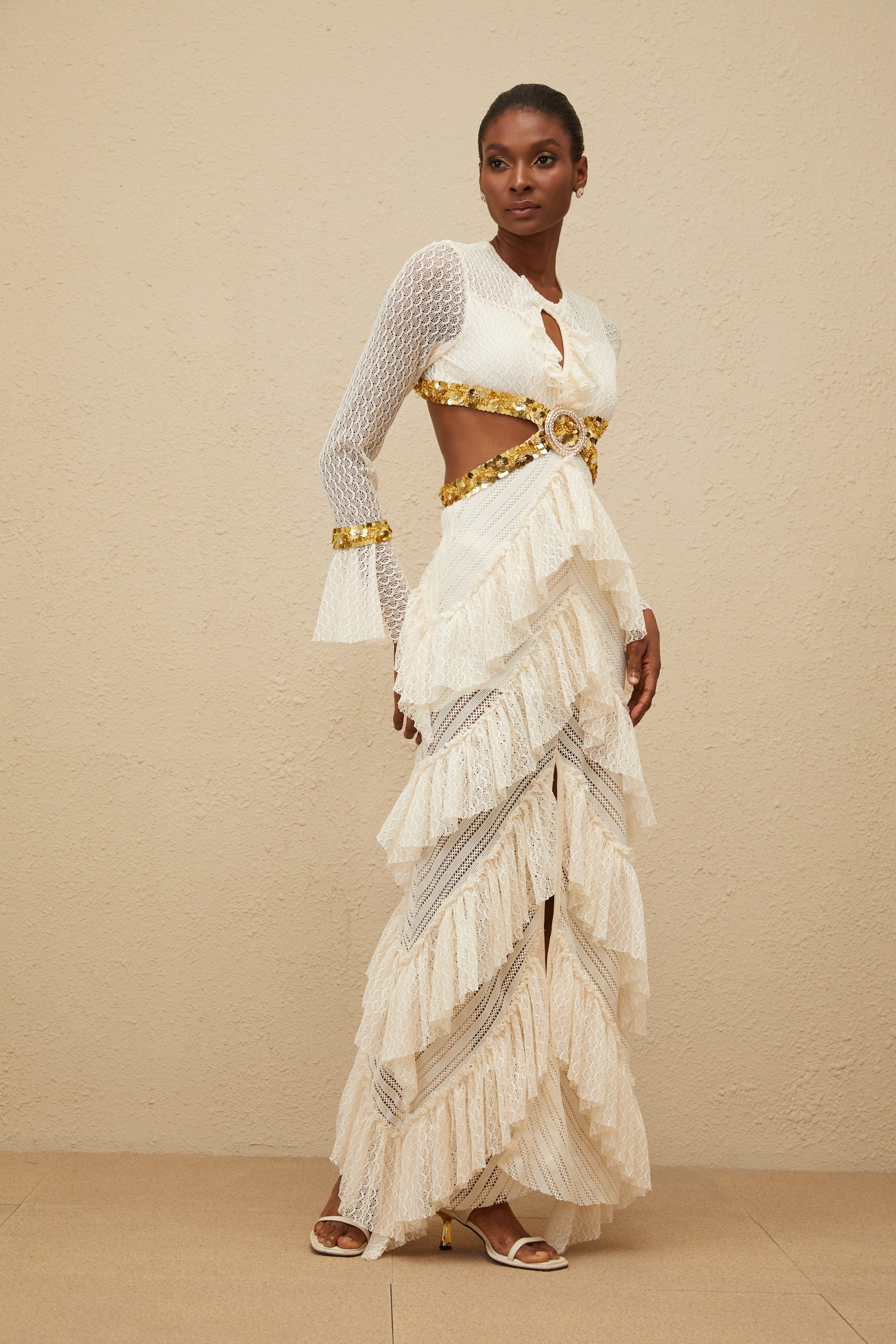 Dorée Neutral Ruffled Sequin Lace Maxi Dress