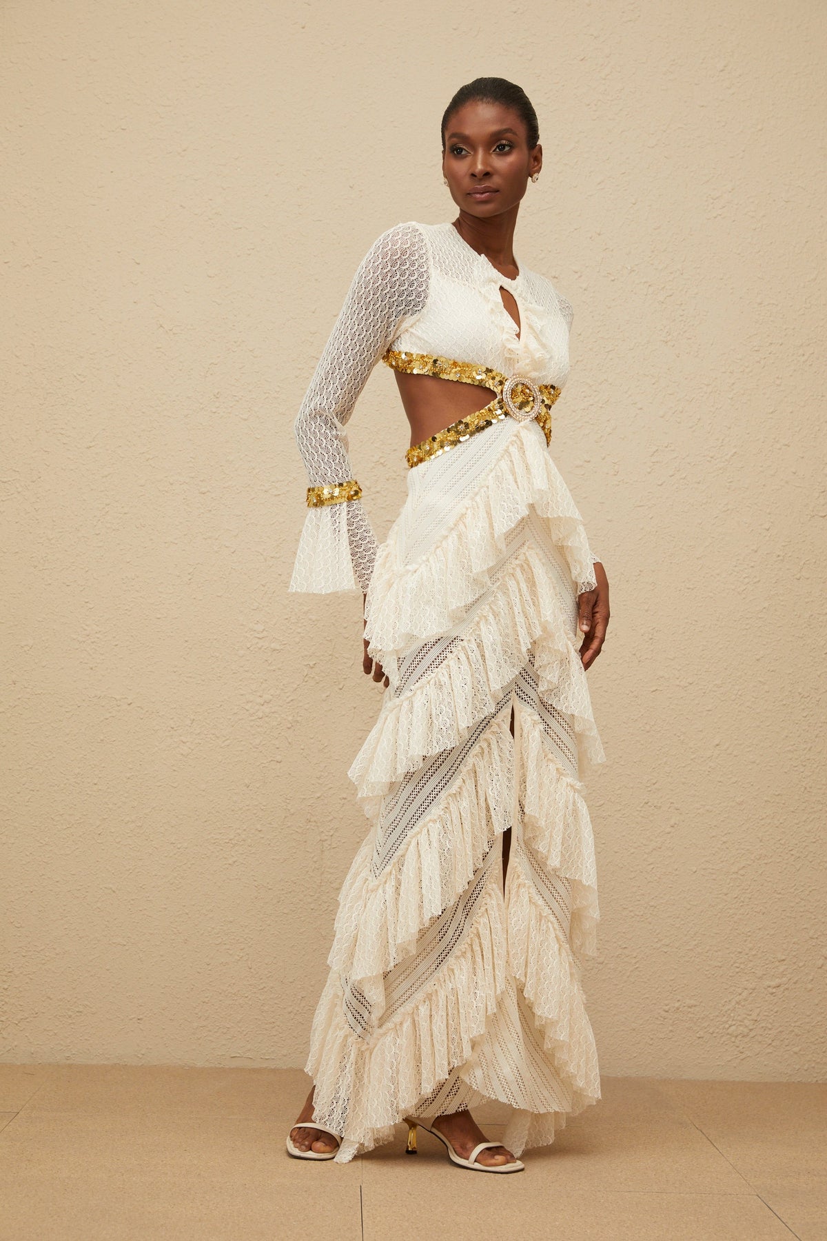Dorée Neutral Ruffled Sequin Lace Maxi Dress