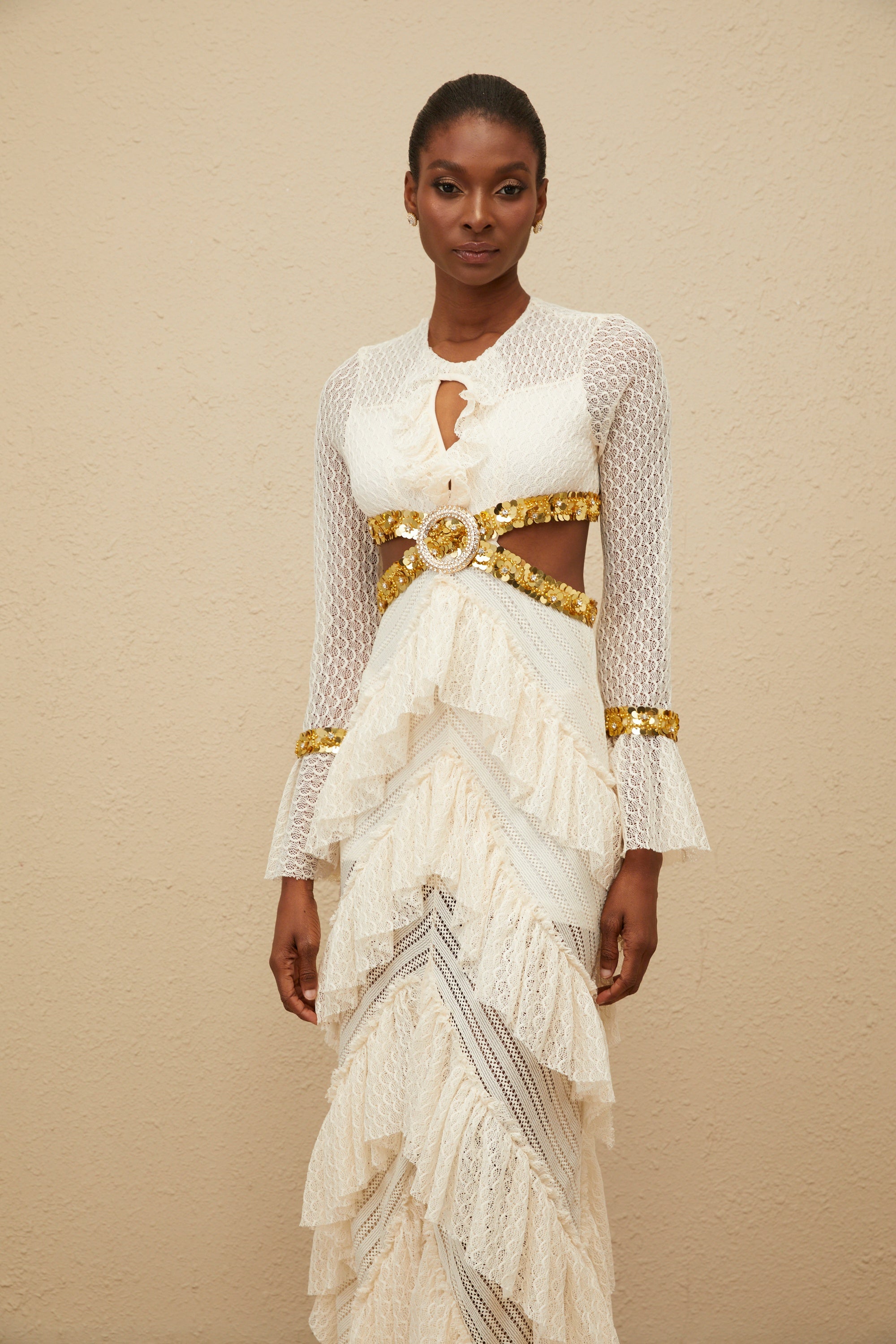 Dorée Neutral Ruffled Sequin Lace Maxi Dress