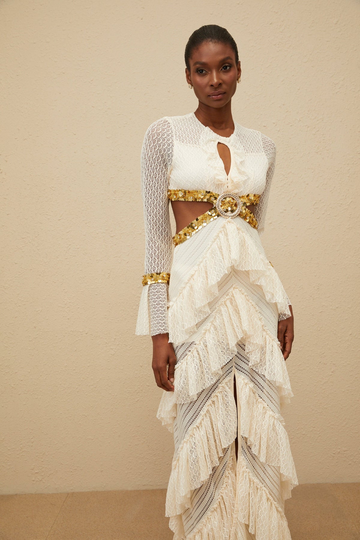 Dorée Neutral Ruffled Sequin Lace Maxi Dress
