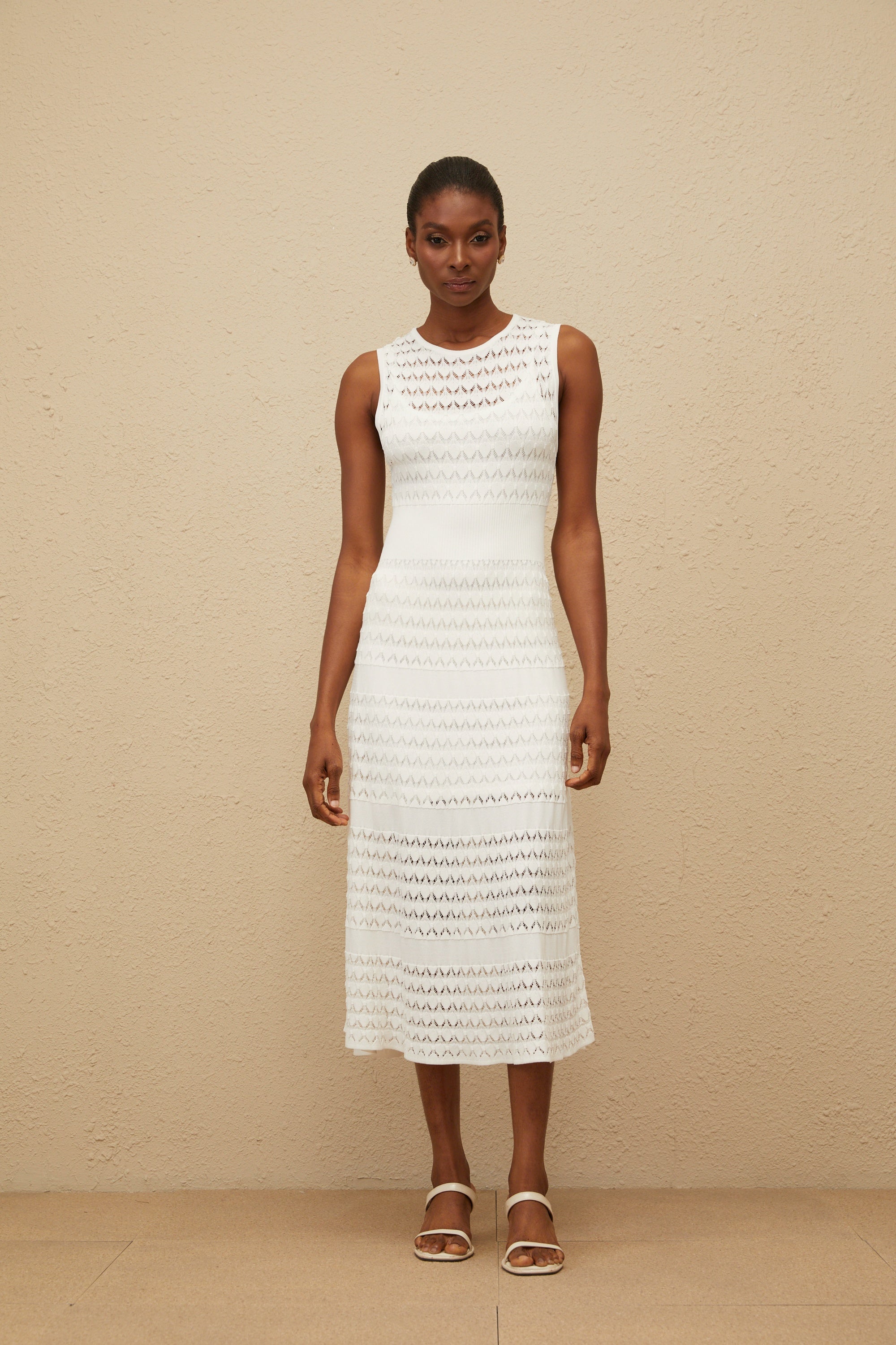Clothilde White Shirred Crochet Knit Midi Dress