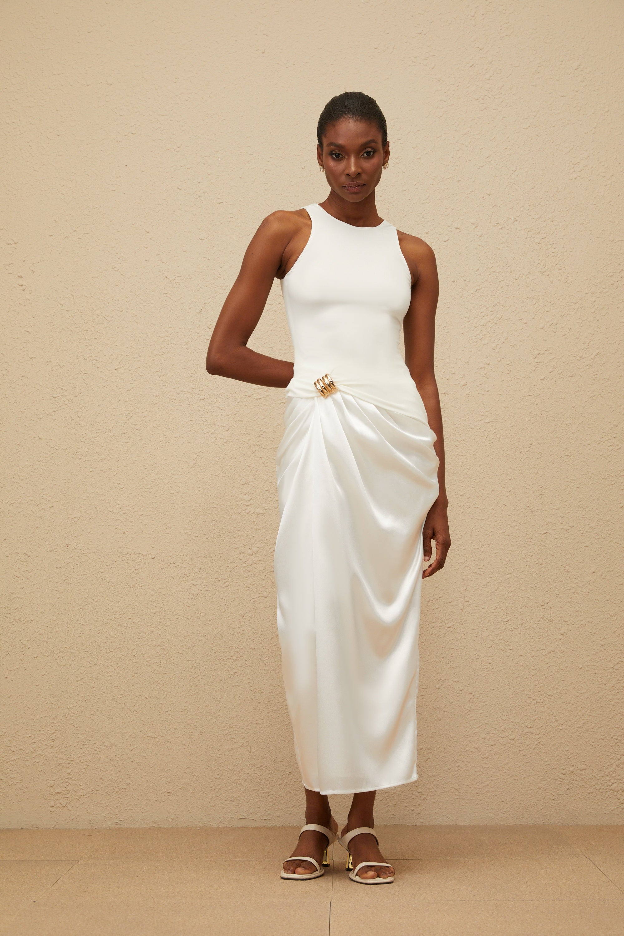 Paloma White Ruched Panel Midi Dress