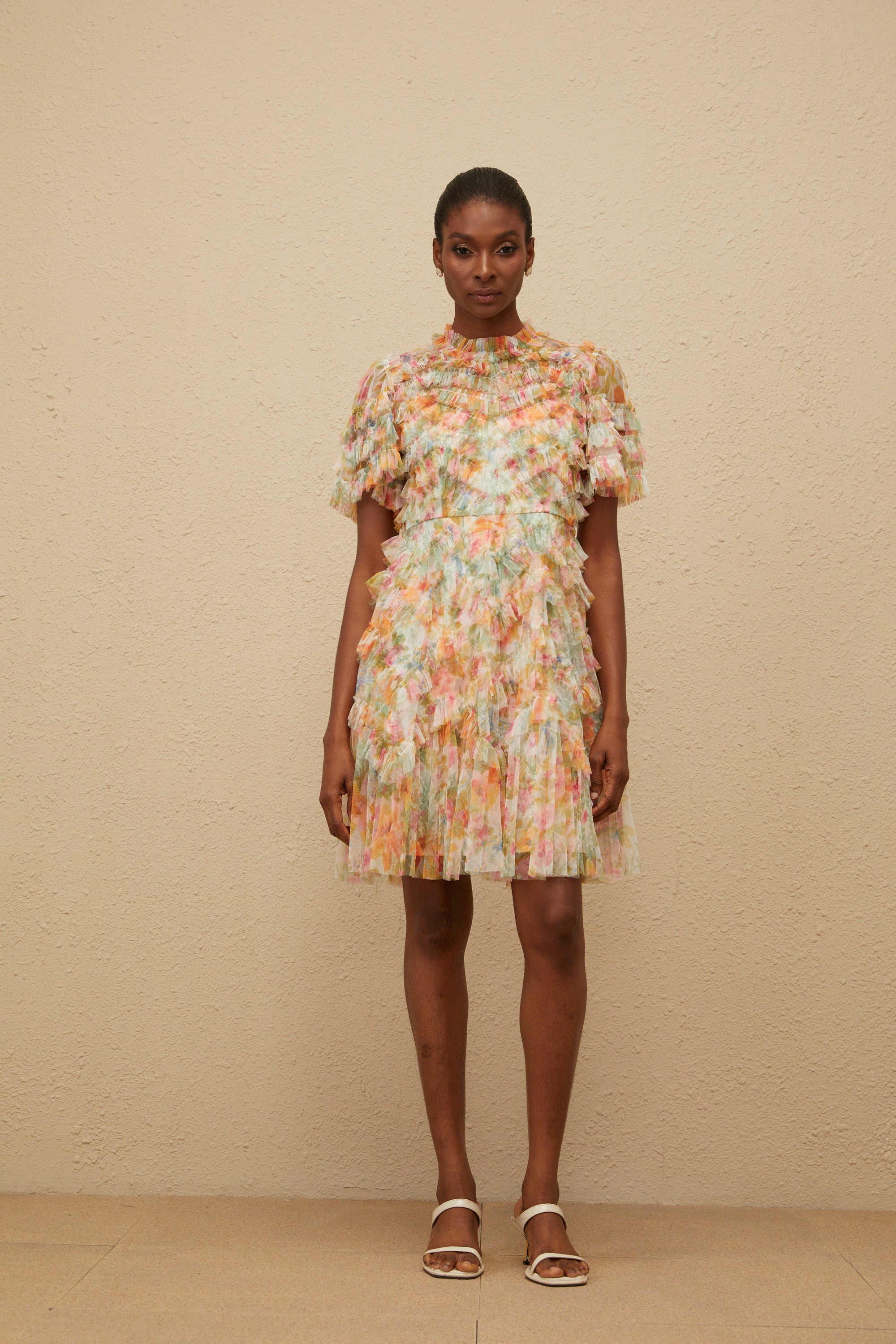 Danaé Orange Tiered Tulle Floral Print Mini Dress