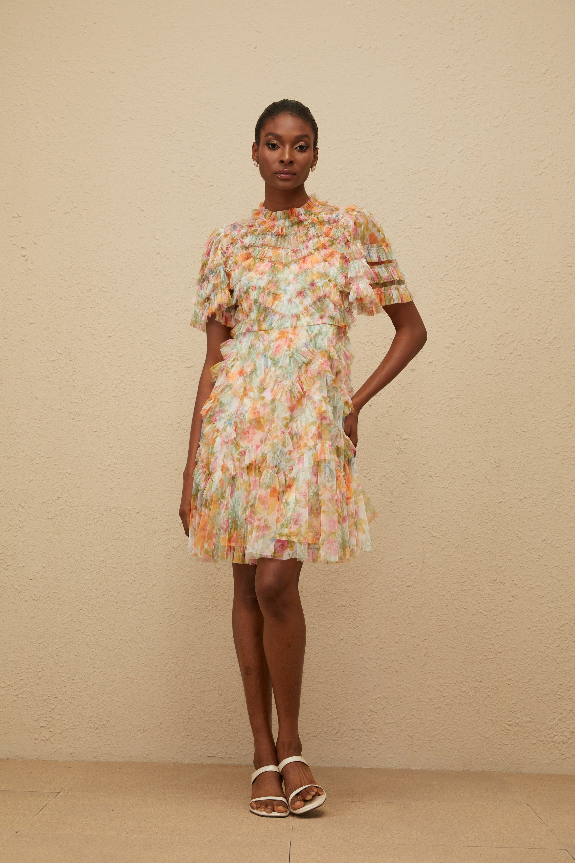 Danaé Orange Tiered Tulle Floral Print Mini Dress