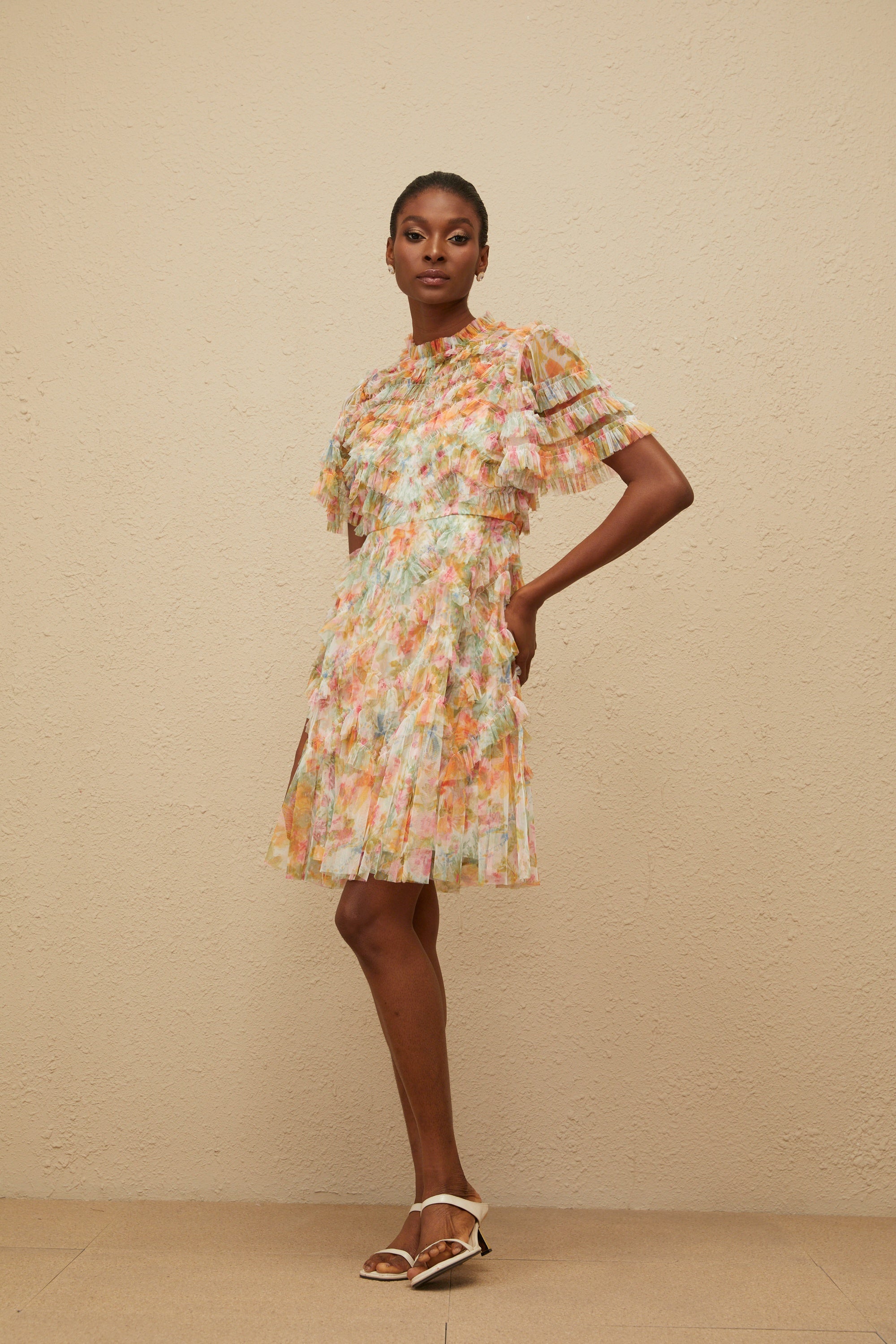 Danaé Orange Tiered Tulle Floral Print Mini Dress