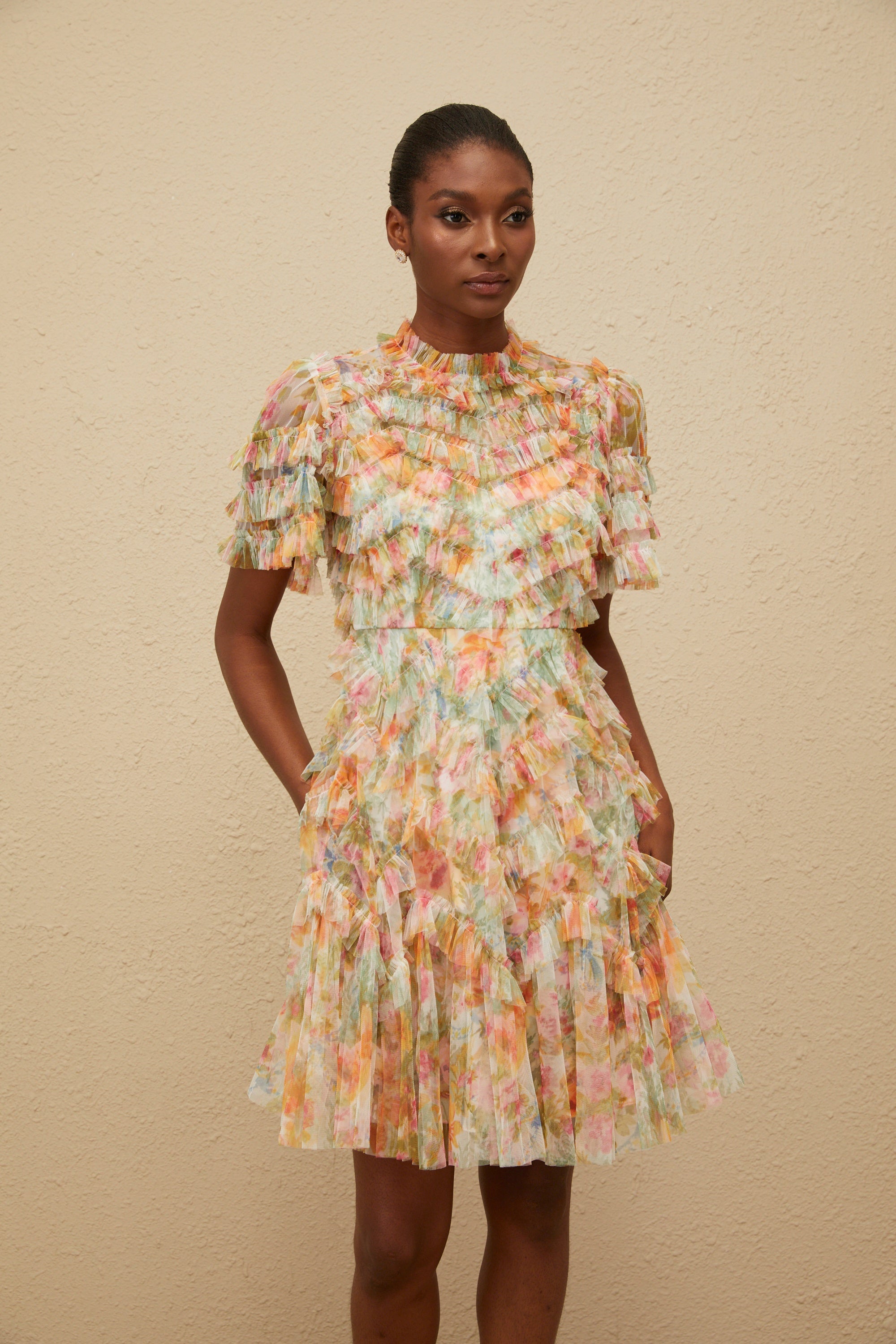 Danaé Orange Tiered Tulle Floral Print Mini Dress