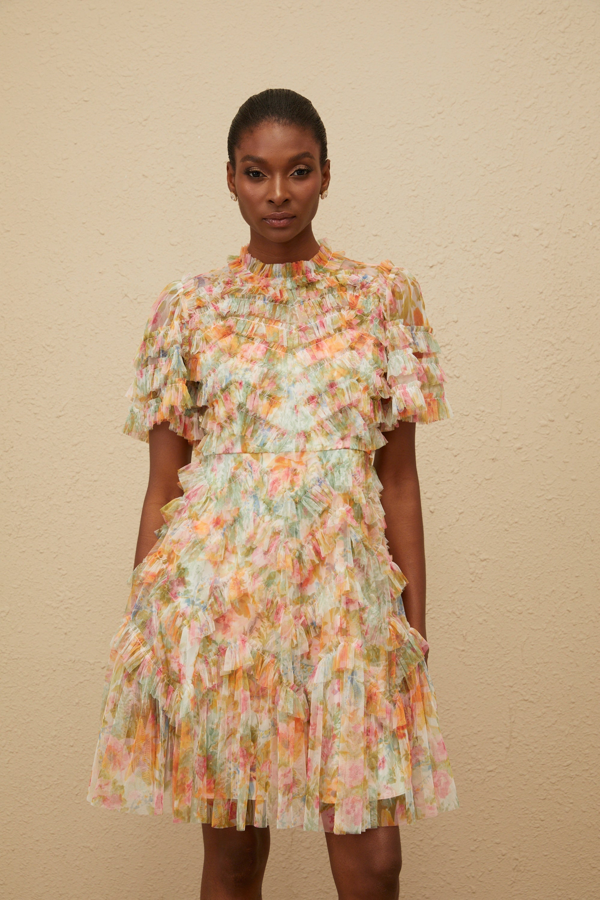 Danaé Orange Tiered Tulle Floral Print Mini Dress