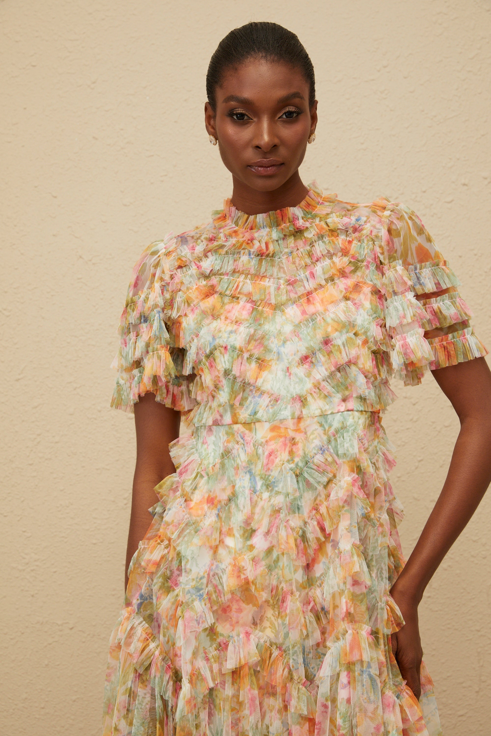 Danaé Orange Tiered Tulle Floral Print Mini Dress