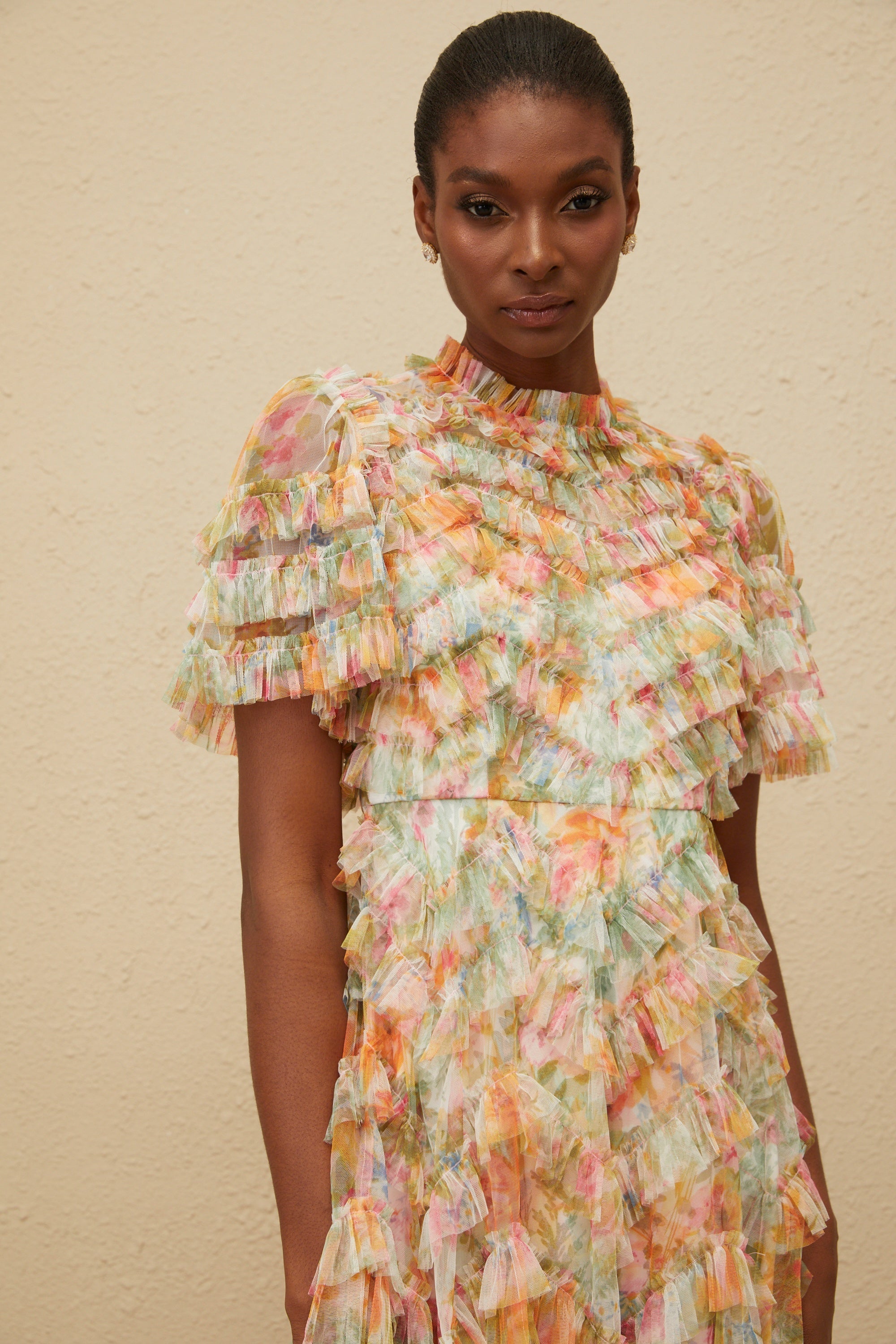 Danaé Orange Tiered Tulle Floral Print Mini Dress