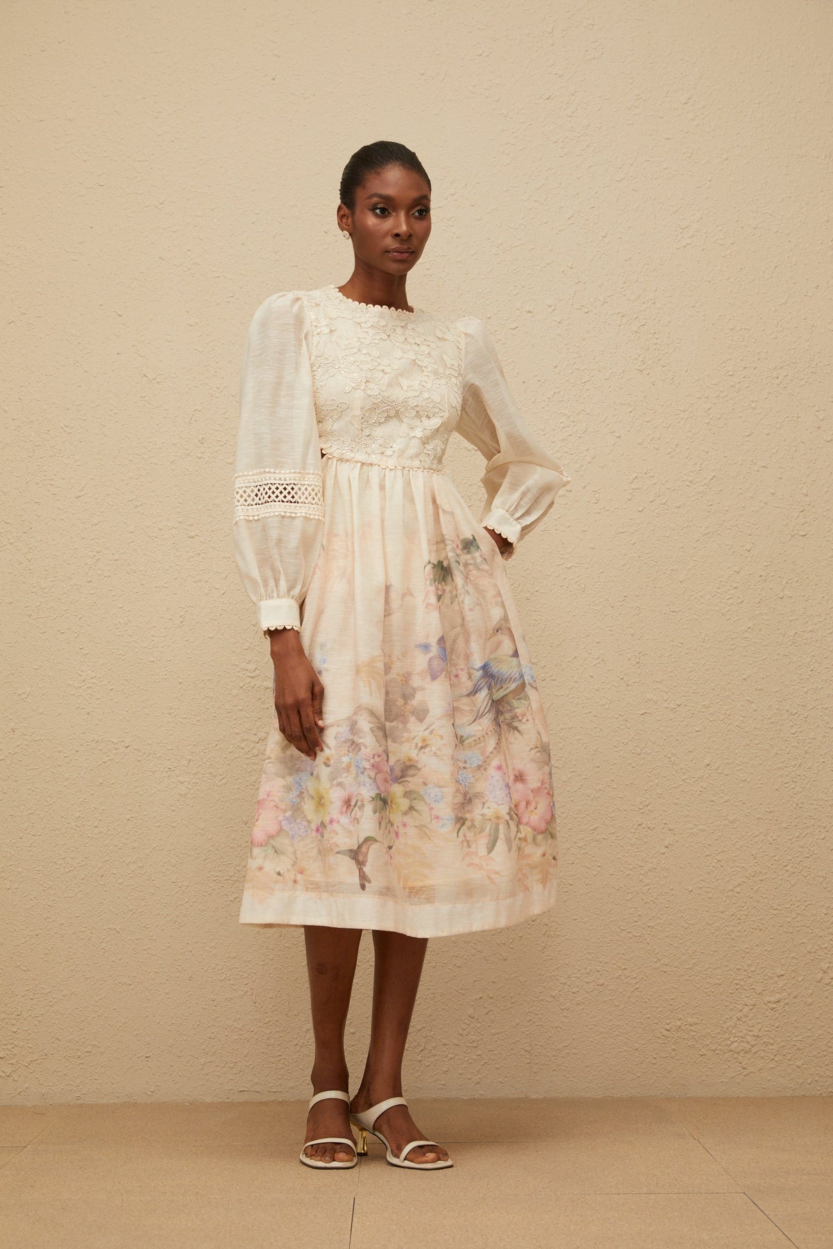 Isabella Beige Floral Embroidered Midi Dress