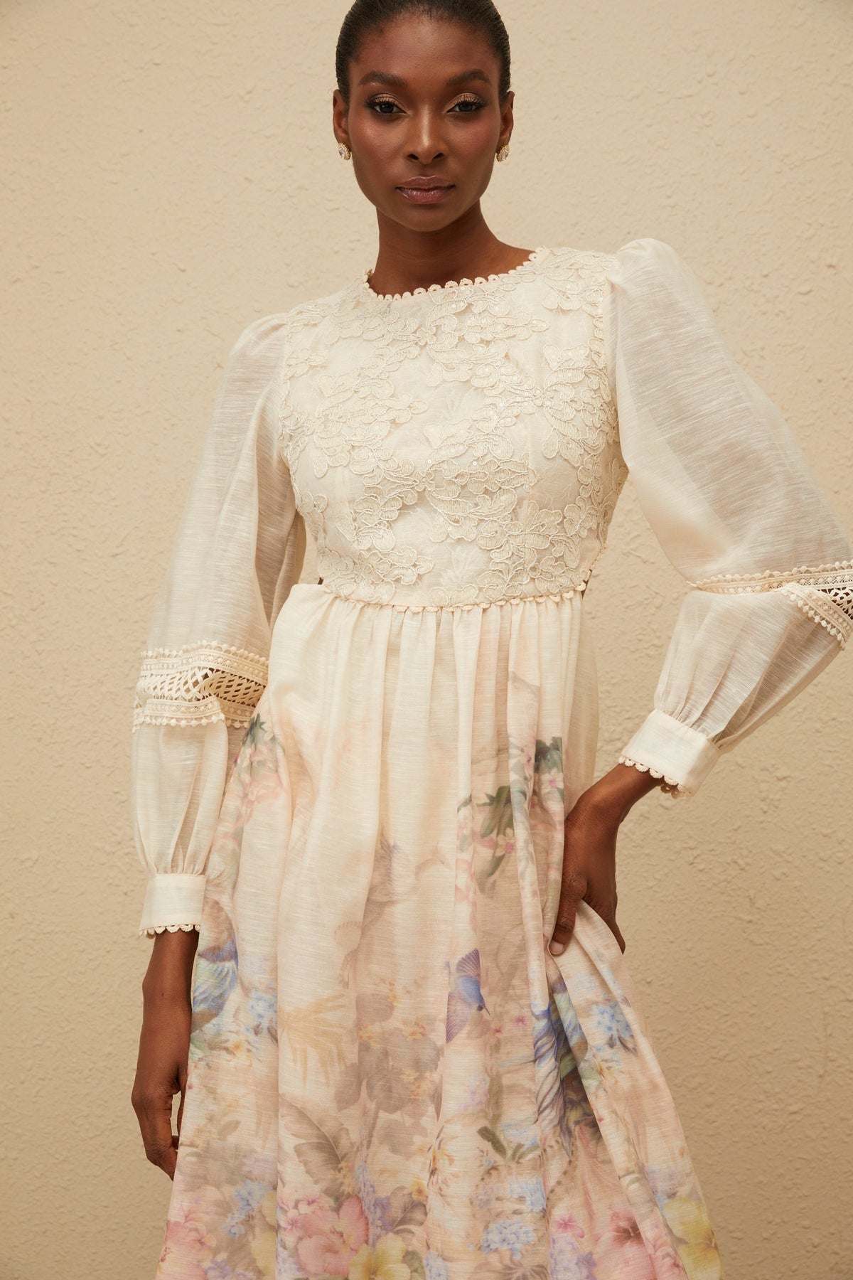 Isabella Beige Floral Embroidered Midi Dress