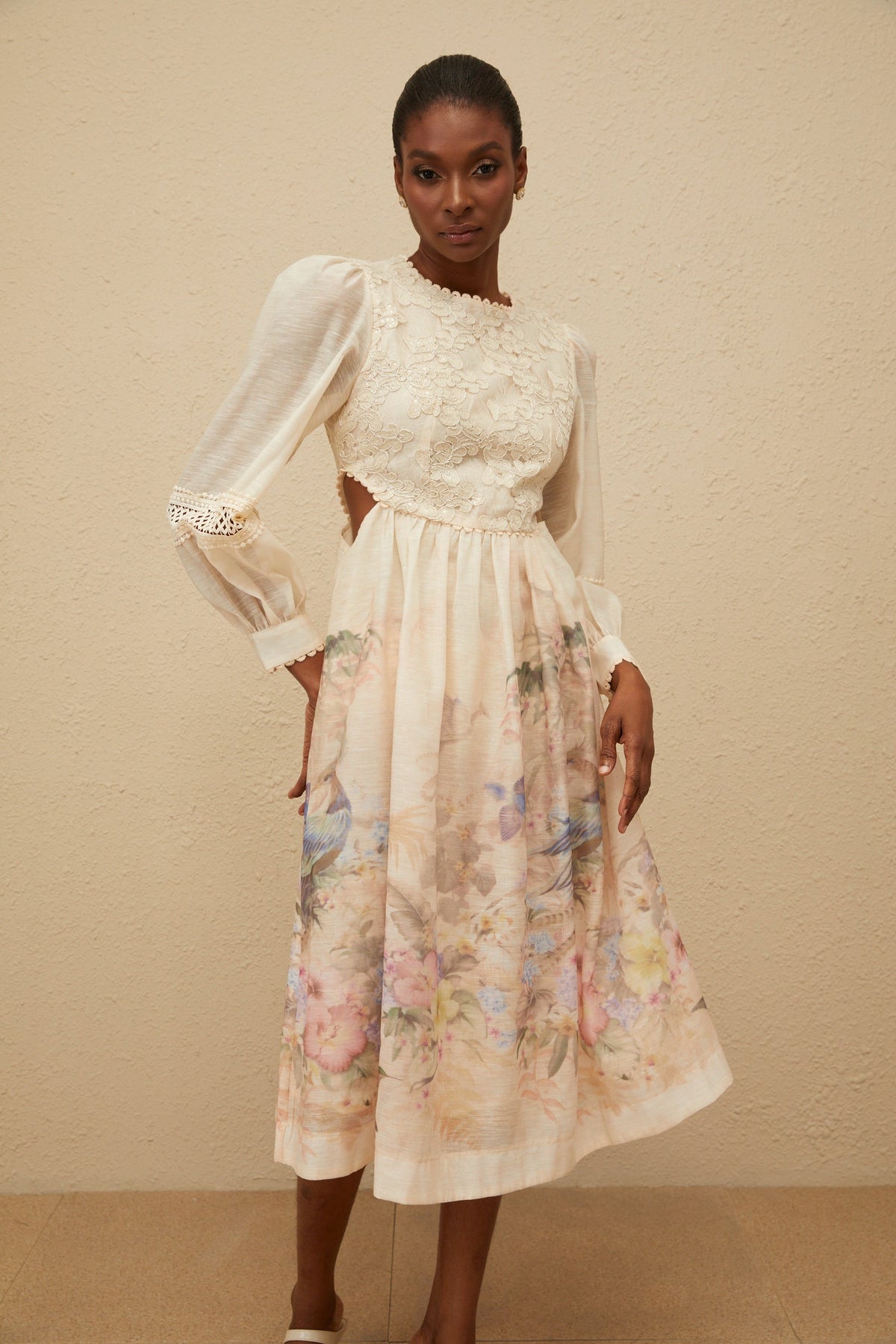 Isabella Beige Floral Embroidered Midi Dress