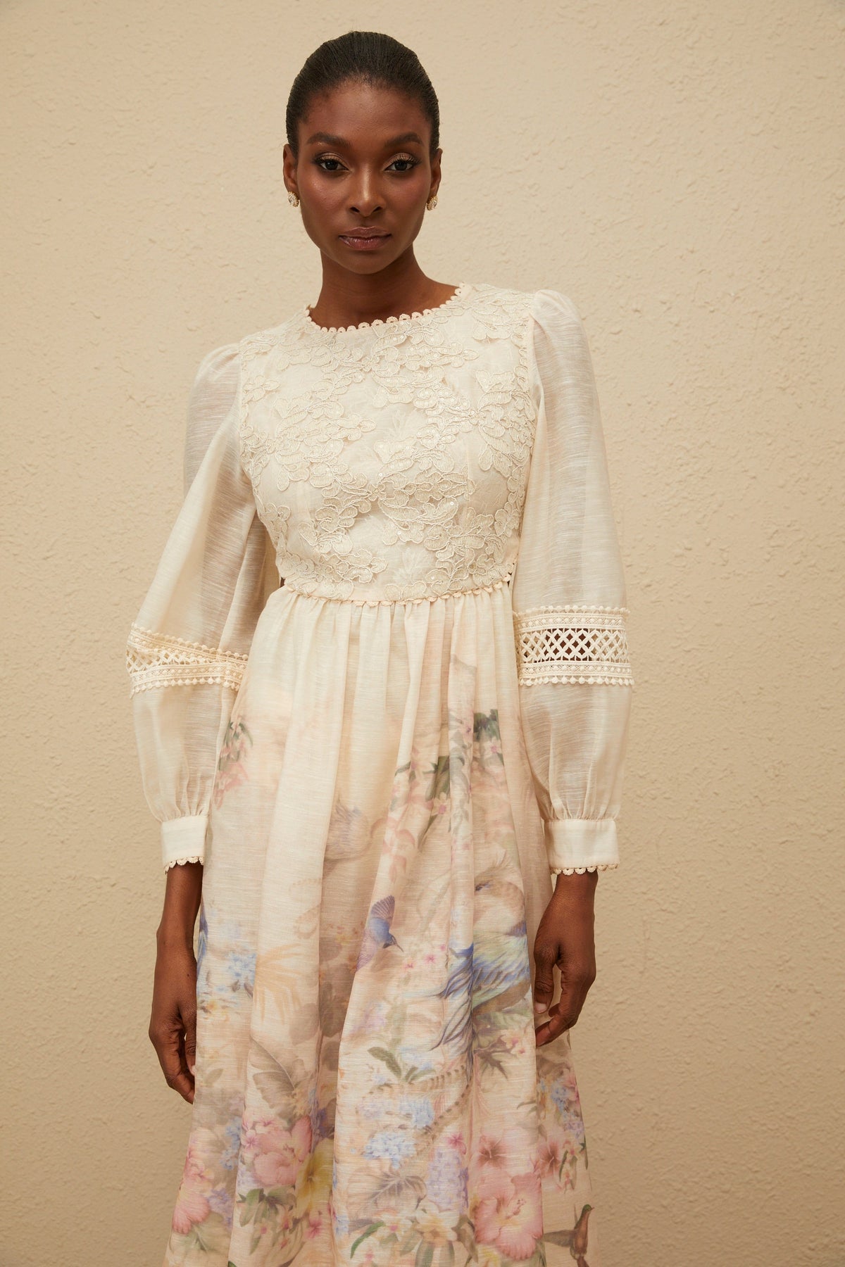 Isabella Beige Floral Embroidered Midi Dress