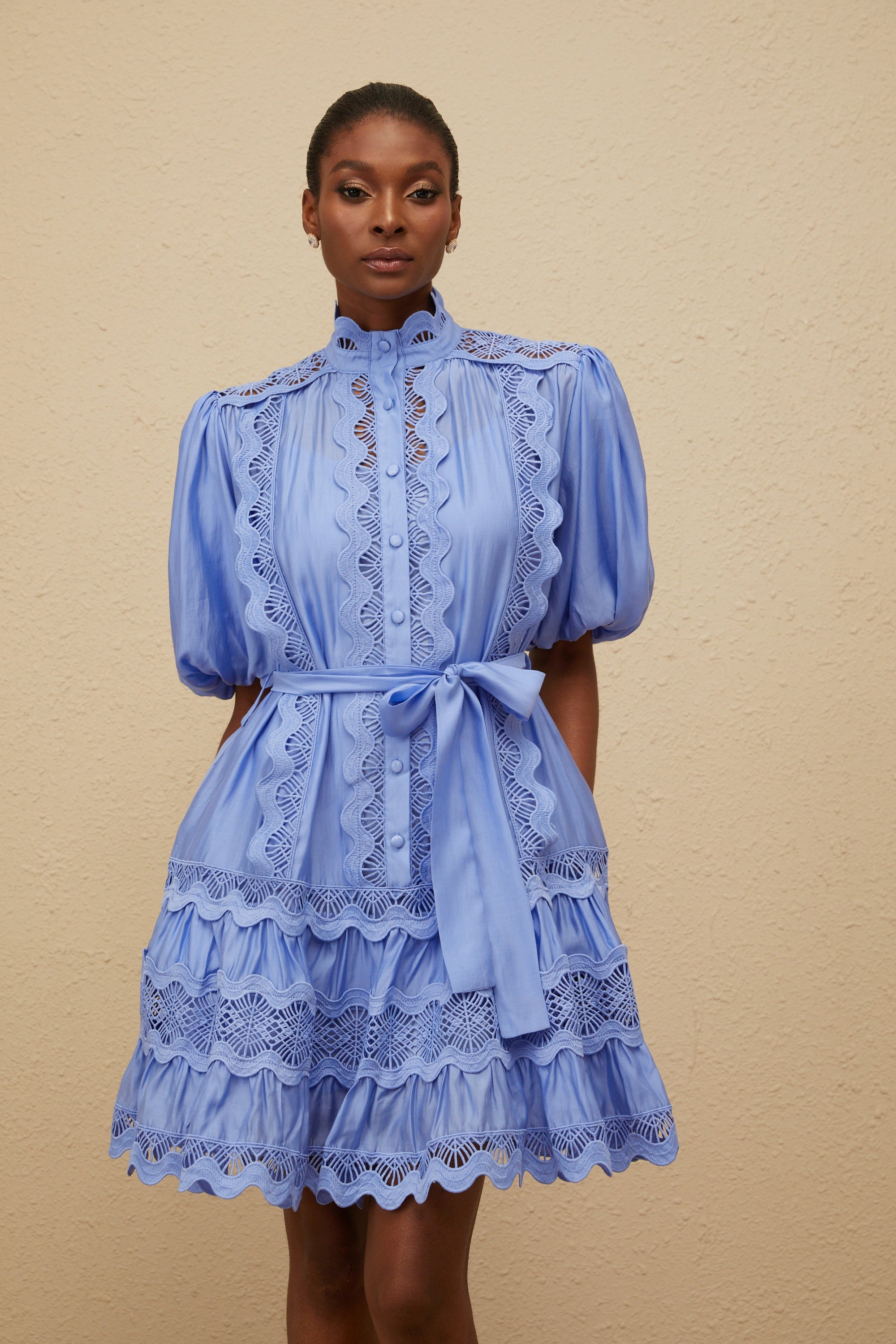 Poema Blue Tiered Motif Embroidered Mini Dress