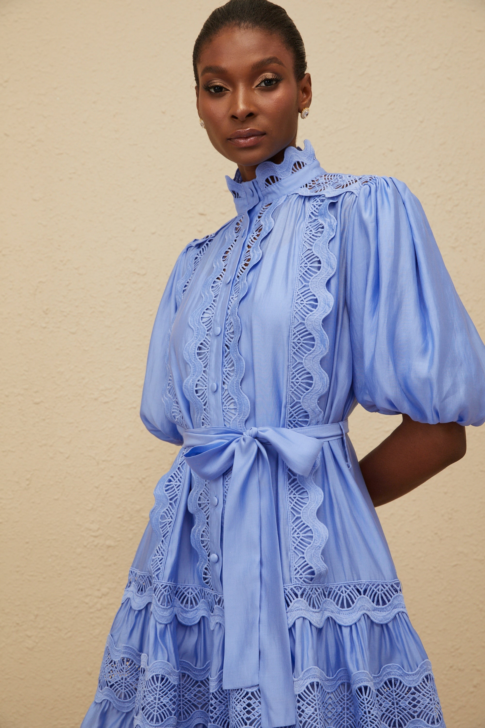Poema Blue Tiered Motif Embroidered Mini Dress