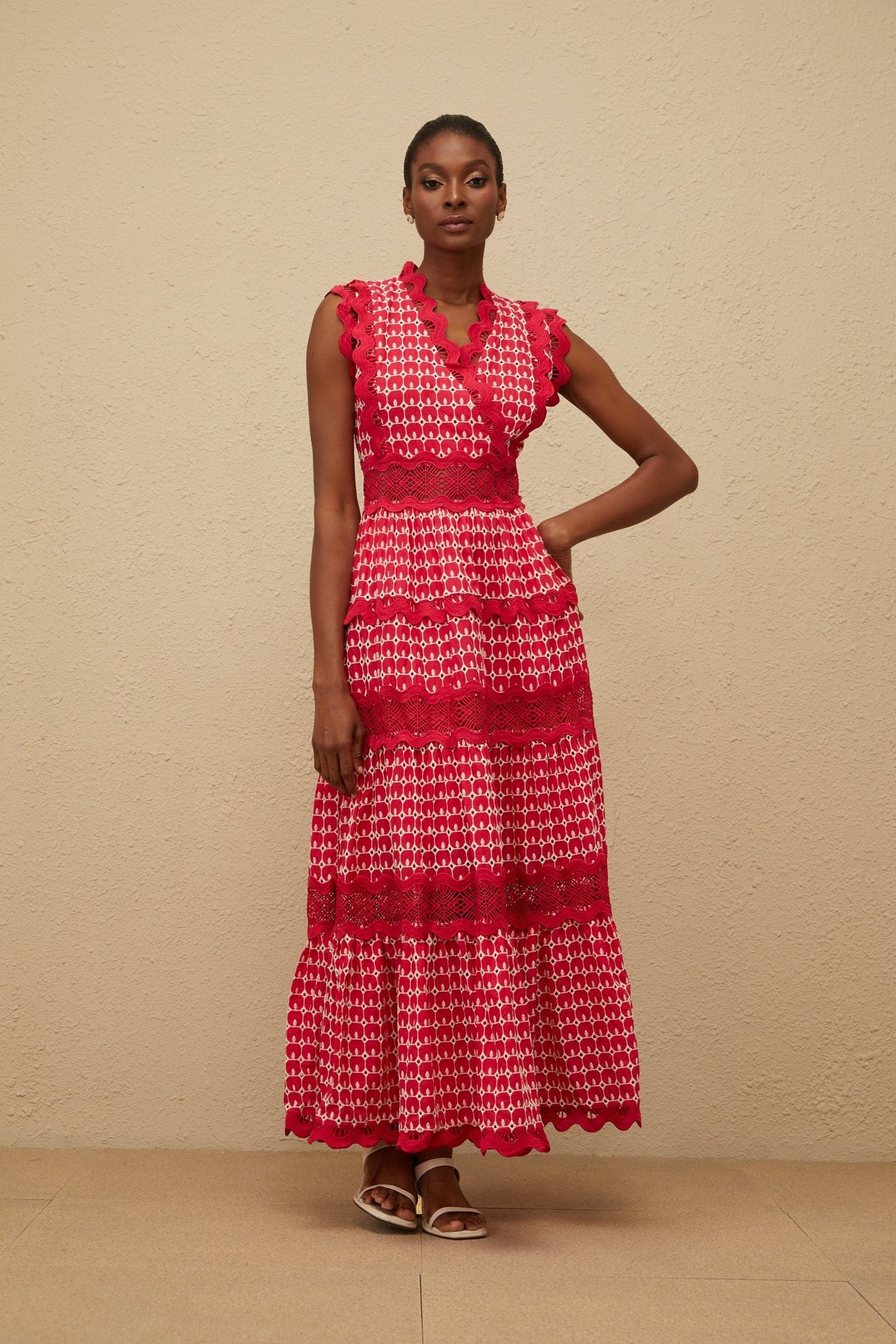 Ténébreuse Red Scalloped Lace Panel Maxi Dress