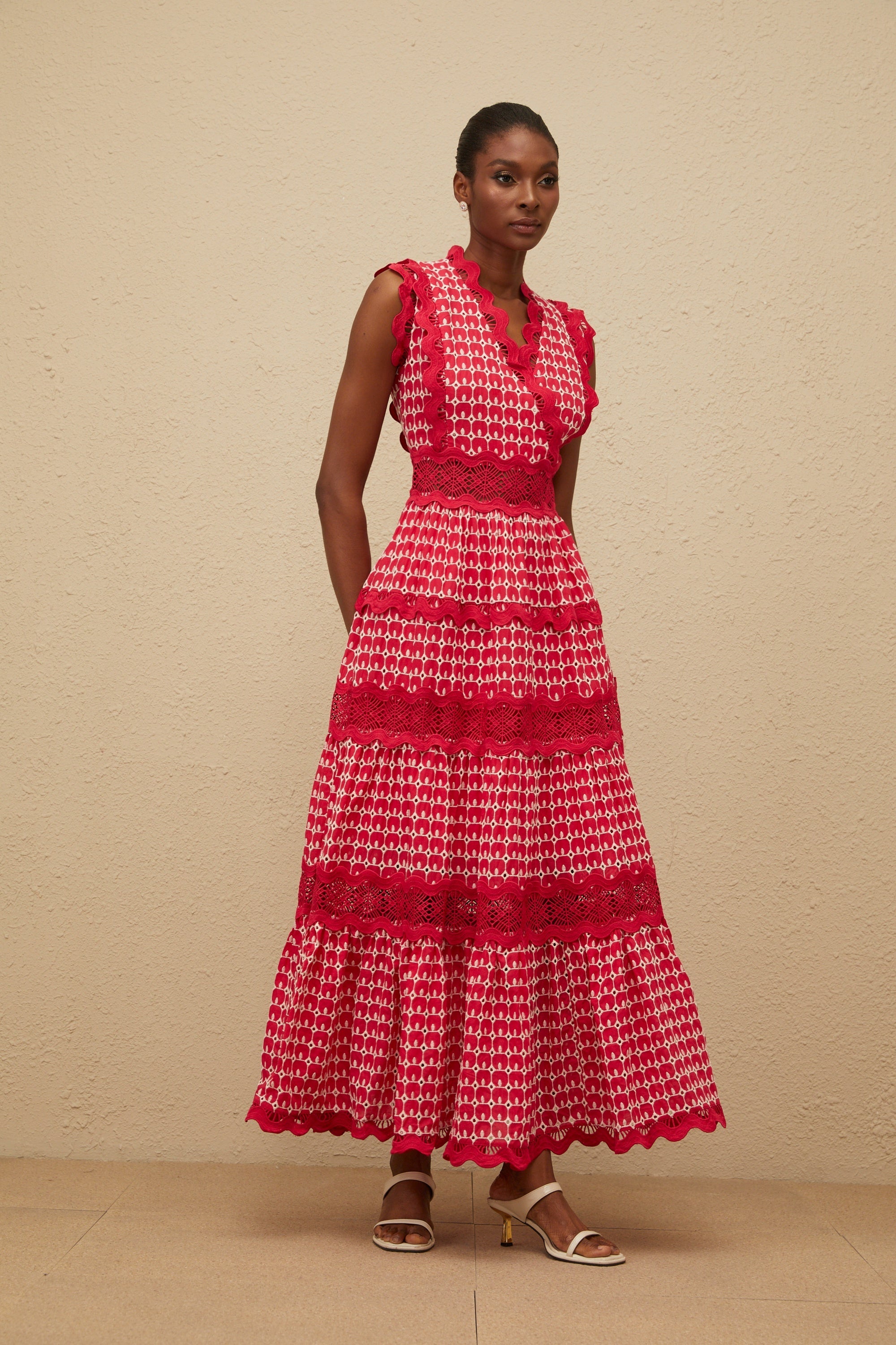 Ténébreuse Red Scalloped Lace Panel Maxi Dress