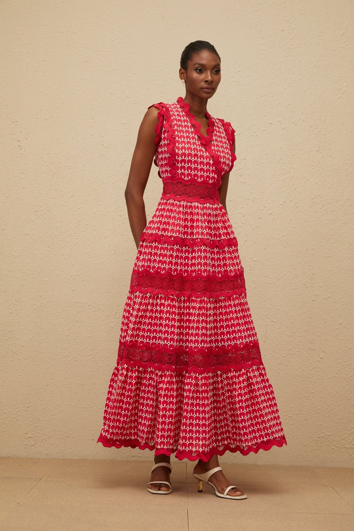 Ténébreuse Red Scalloped Lace Panel Maxi Dress