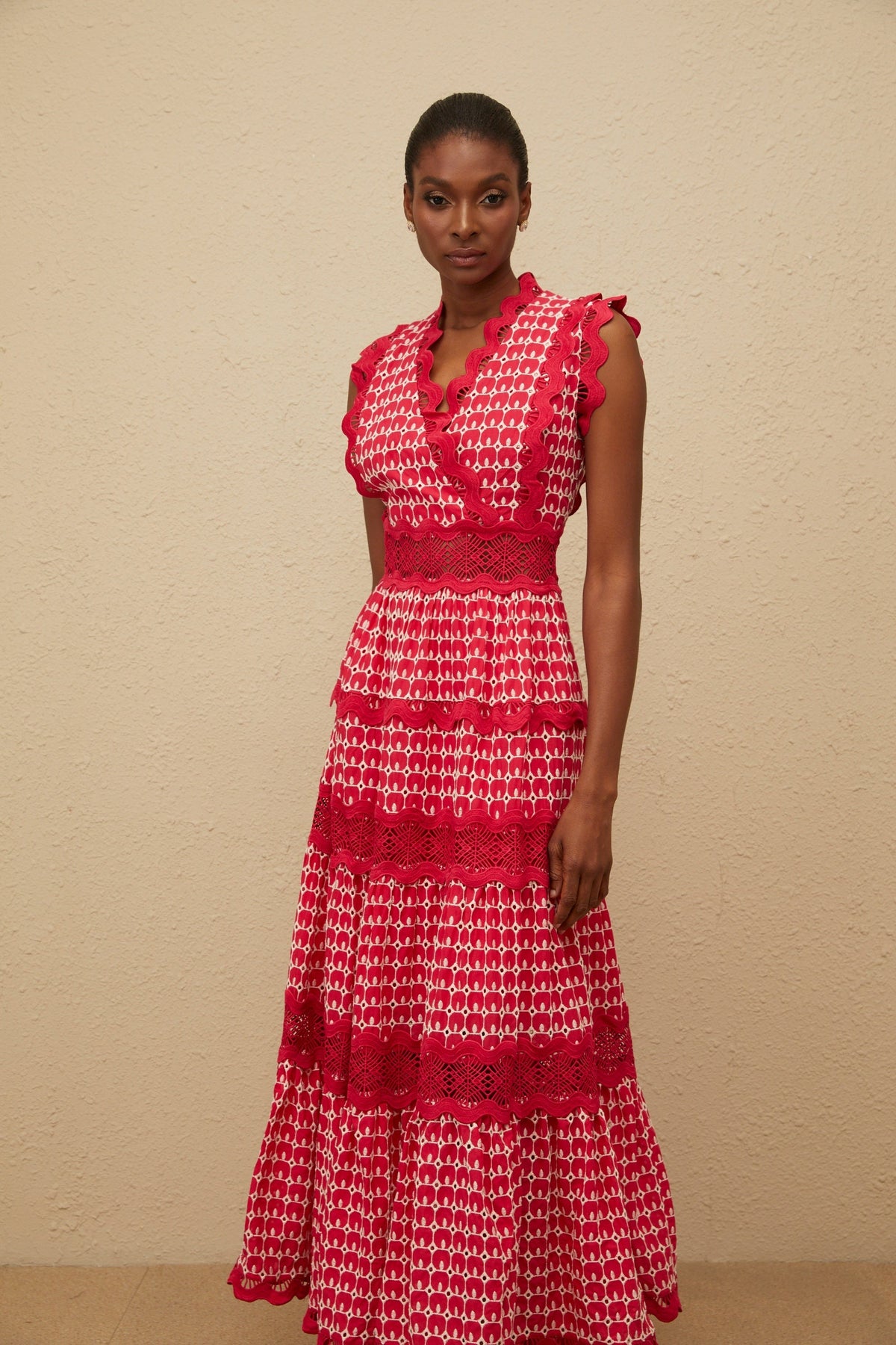 Ténébreuse Red Scalloped Lace Panel Maxi Dress