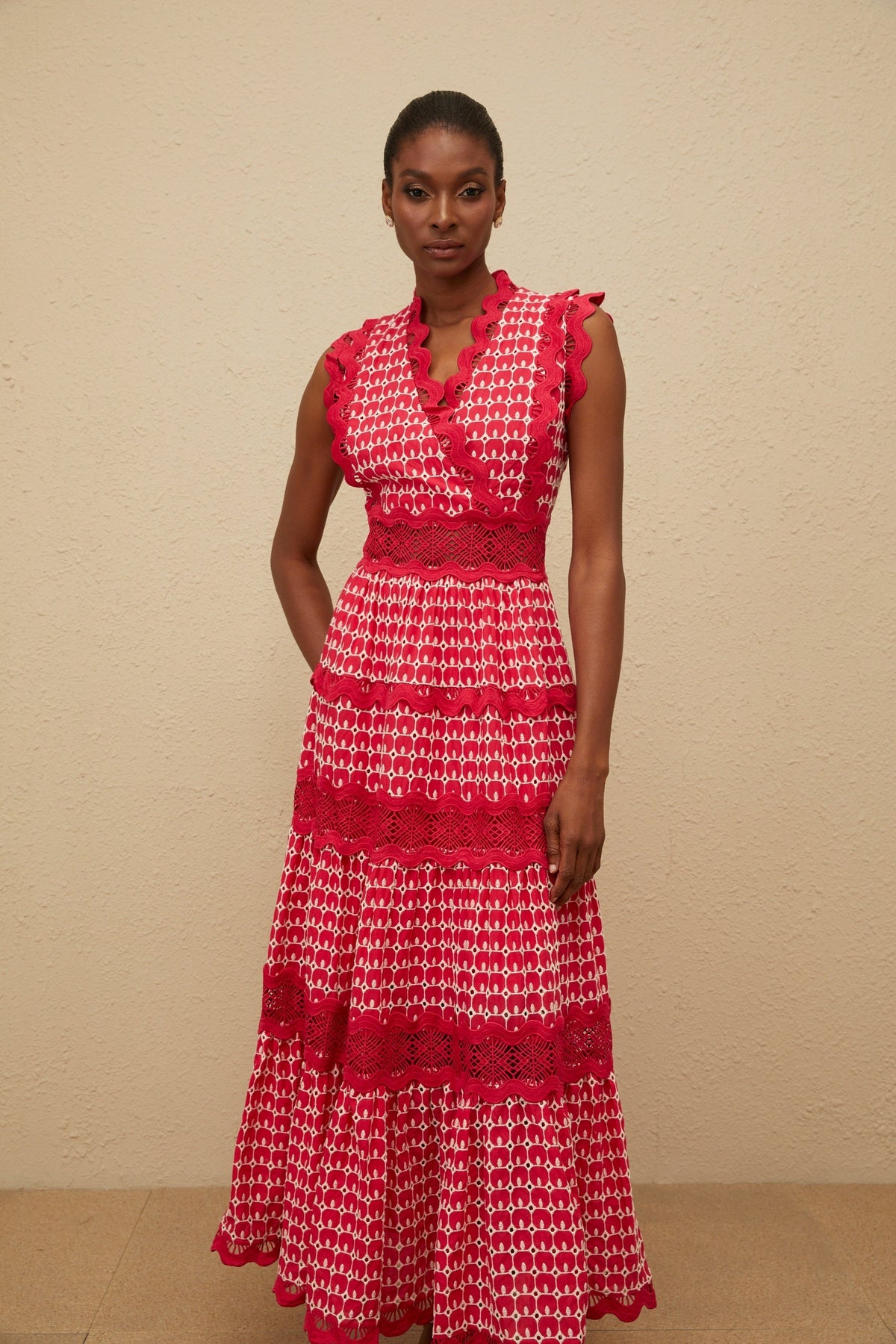 Ténébreuse Red Scalloped Lace Panel Maxi Dress
