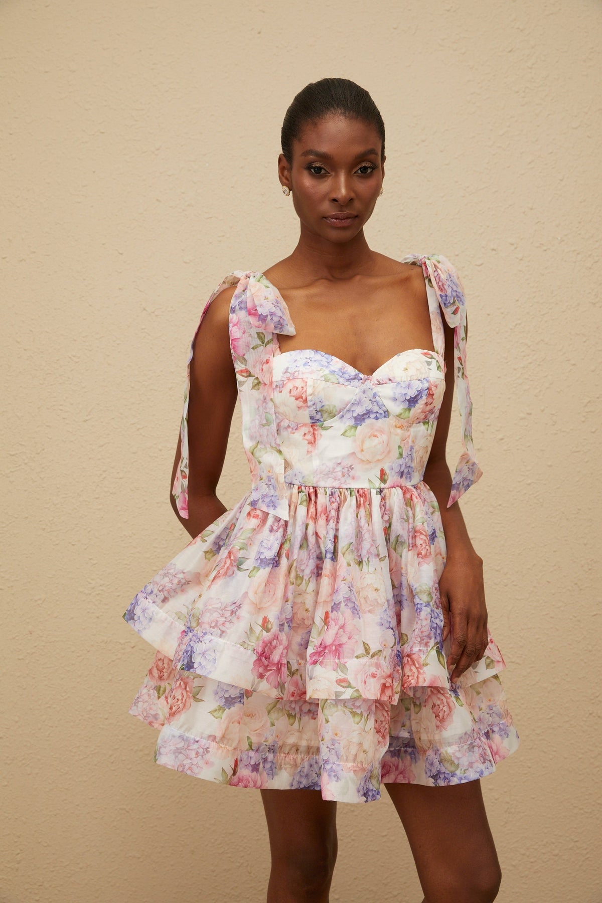 Hélène Pink Flounced Floral Print Mini Dress