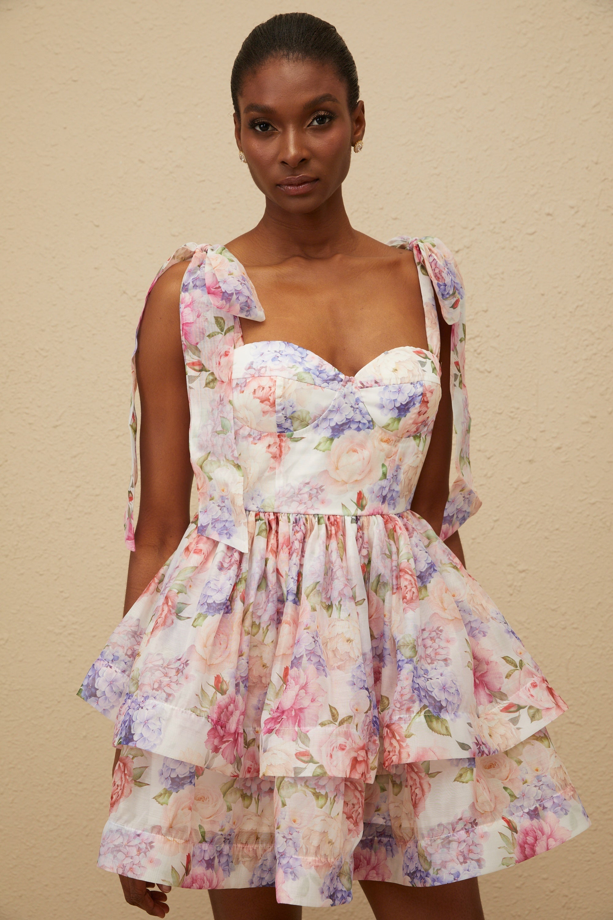 Hélène Pink Flounced Floral Print Mini Dress